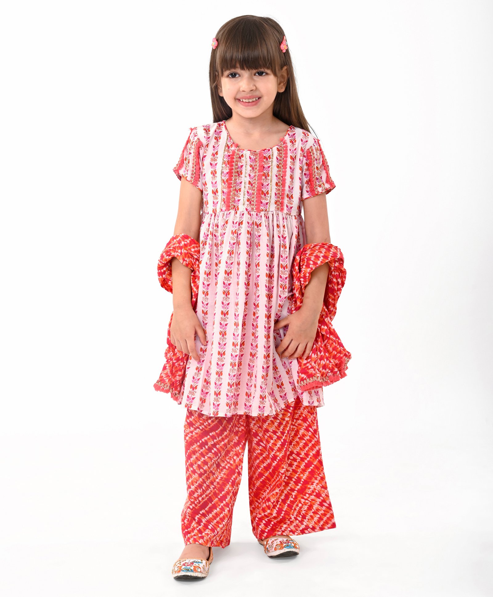 Babyhug Cotton Woven Half Sleeves Kurta With Fringe Lace & Palazzo Set With Dupatta in Laheriya Print - Off White & Orange-picture-24