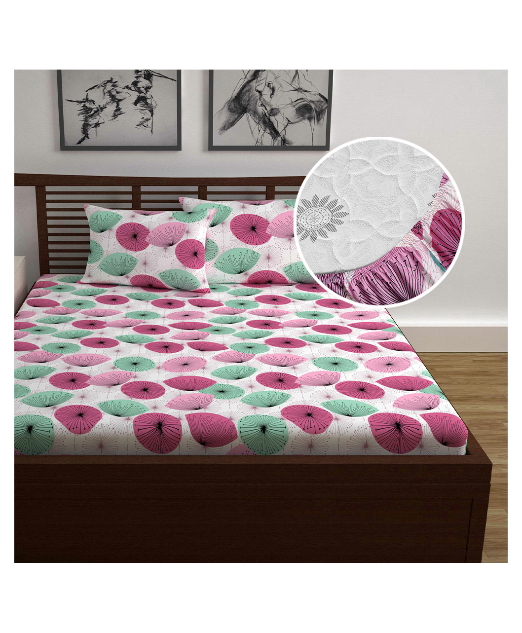 Divine Casa Elastic Fitted Opal Floral Printed Double Bed Bedsheet with 2 Pillow Cover Prism Pink)-image-24