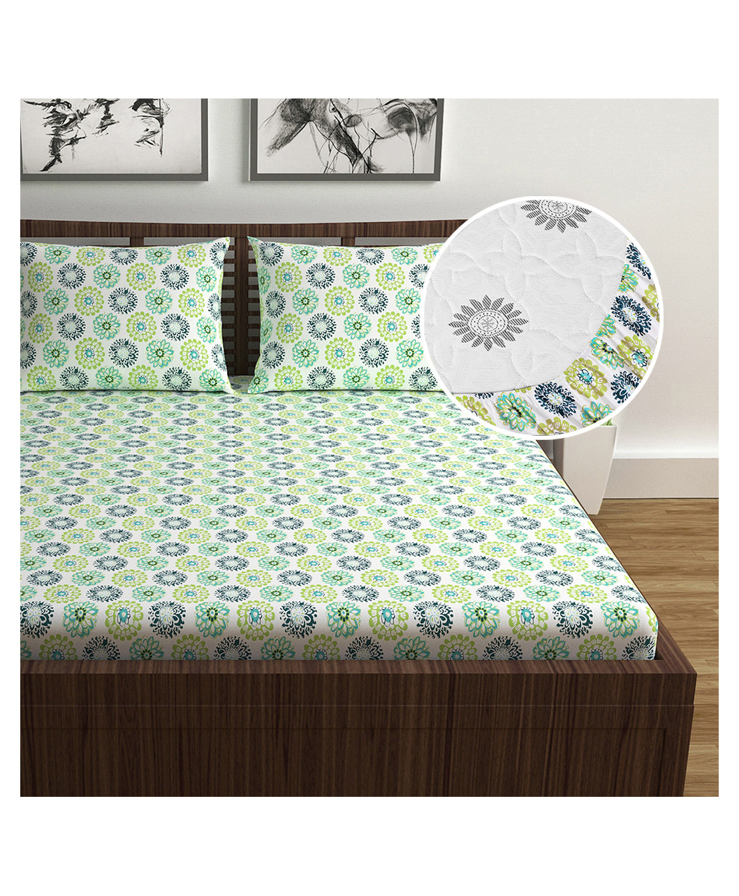 Divine Casa Elastic Fitted Printed Double Bed Bedsheet with 2 Pillow Cover(150 X 200 + 25 cm, Celery)-picture-11