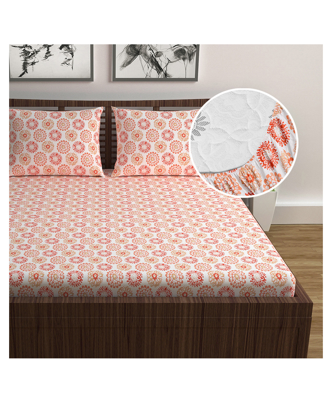 Divine Casa Elastic Fitted Printed Double Bed Bedsheet with 2 Pillow Cover(150 X 200 + 25 cm Blazing Orange)-image-48