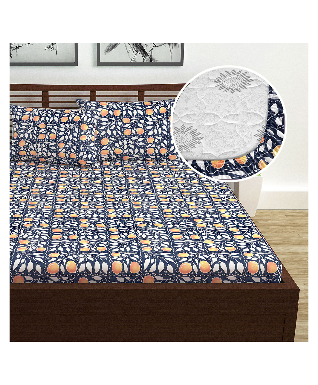 Divine Casa 144 TC Cotton Elastic Fitted Floral Queen Size Double Bed Bedsheet with 2 Pillow Cover - Blue Velvet-image-38