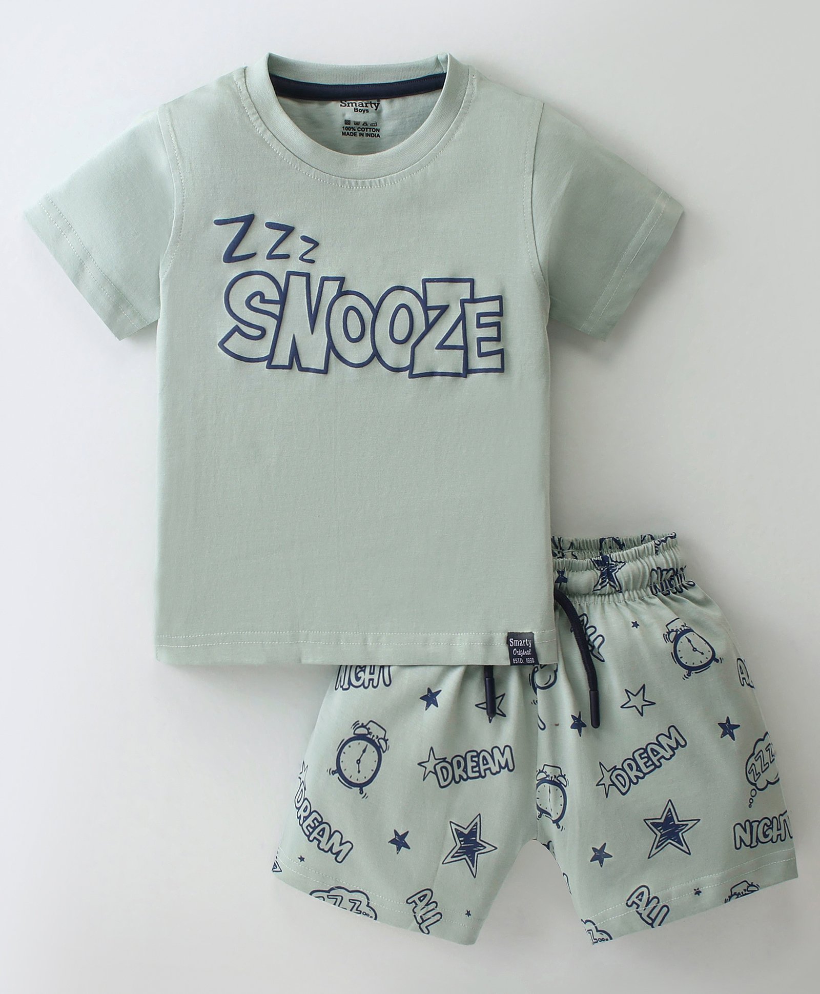 Smarty Boys 100% Cotton Sinker Half Sleeves Co-ord Night Suit Snooze Print - Basil Green-image-29
