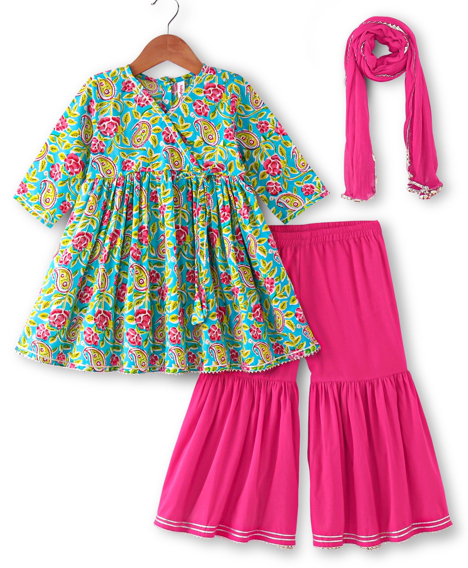 Babyhug Cotton Woven Three Fourth Sleeves  Kurti Gharara & Dupatta Set Paisley Print - Green-image-29