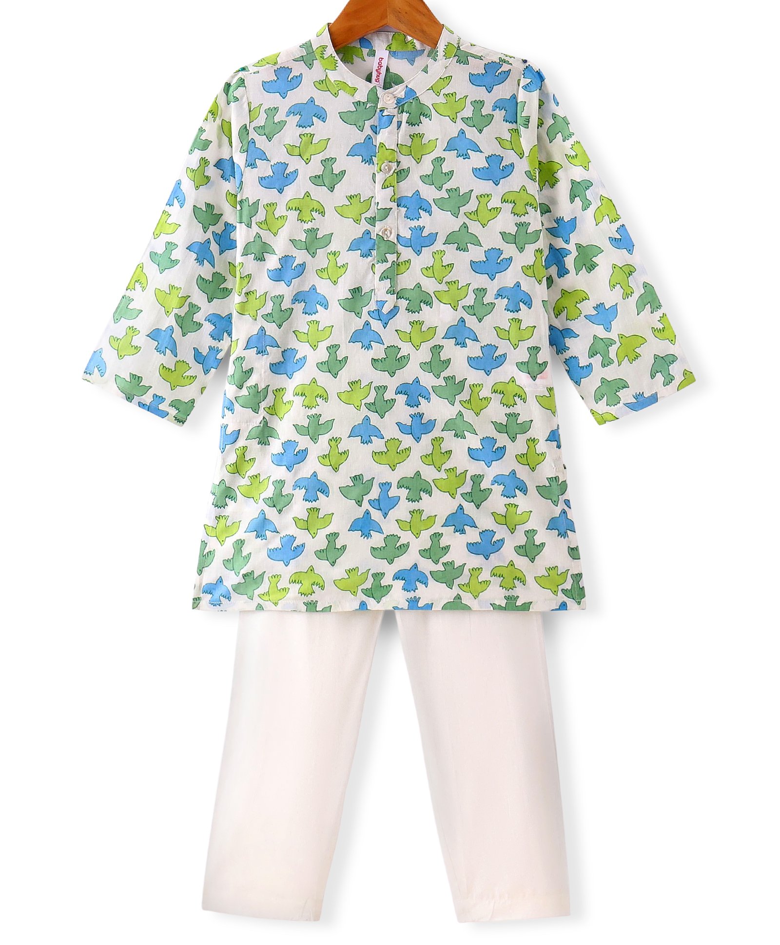 Babyhug 100% Cotton Woven Full Sleeves Kurta with Pyjama Birds Print - White-picture-36