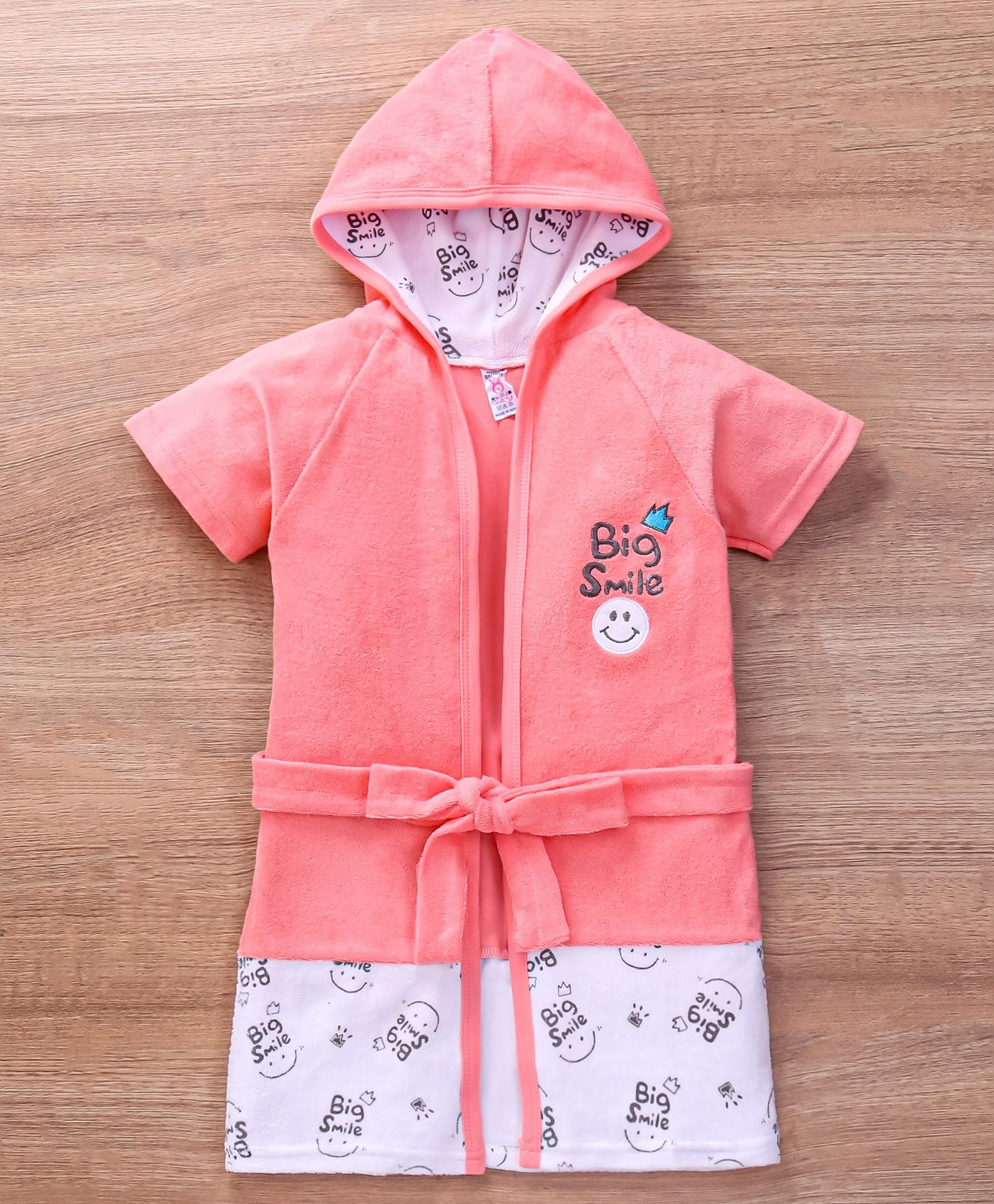 Pink Rabbit Terry Half Sleeves Hooded Bath Robe Big Smile Print - Coral Red-image-26