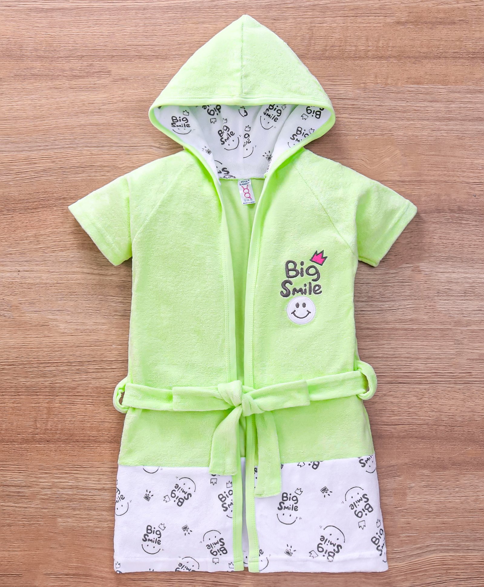 Pink Rabbit Terry Half Sleeves Hooded Bath Robe Big Smile Print - Green-image-25