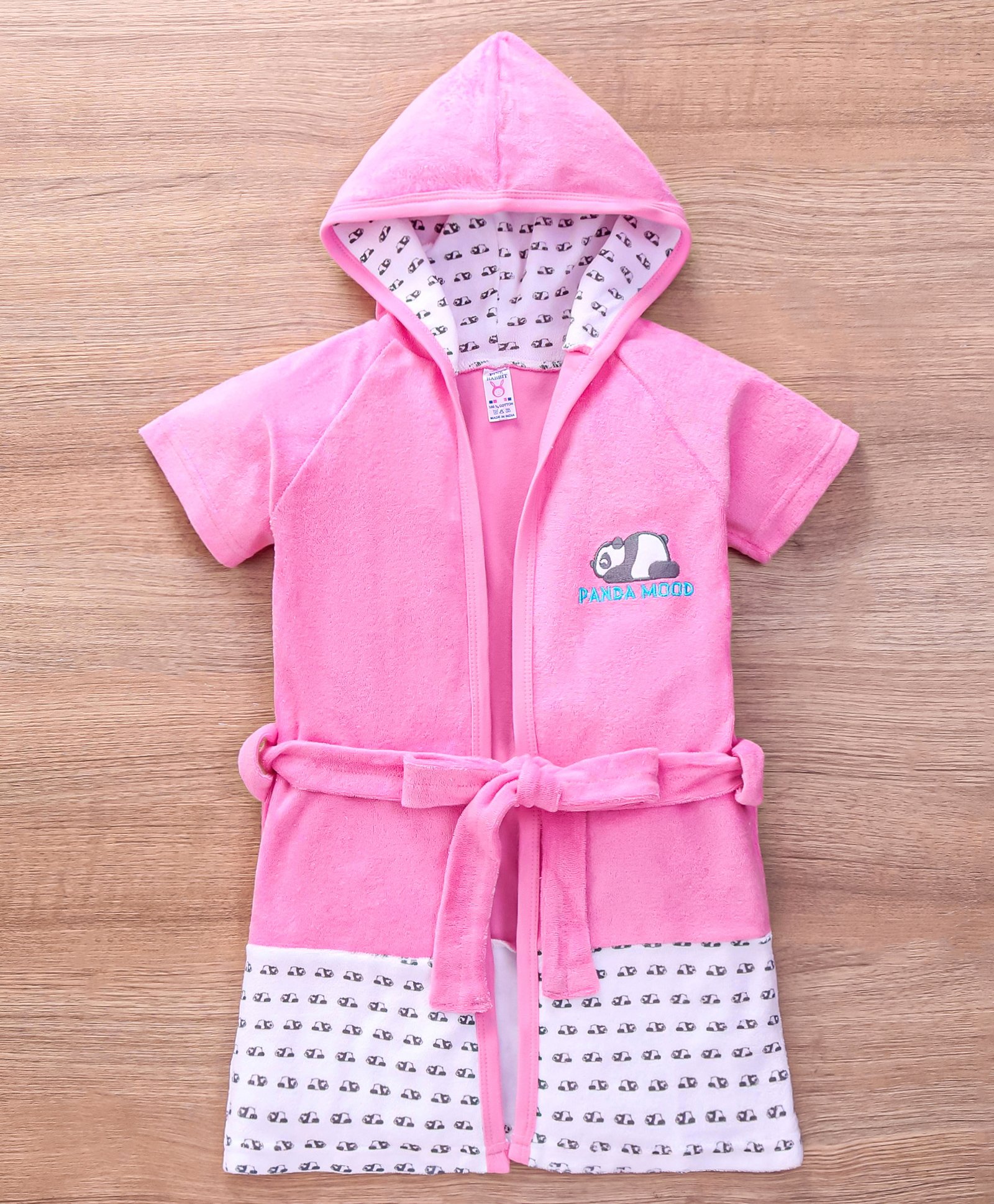 Pink Rabbit Terry Half Sleeves Hooded Bath Robe Panda Print - Aqua Pink-image-22