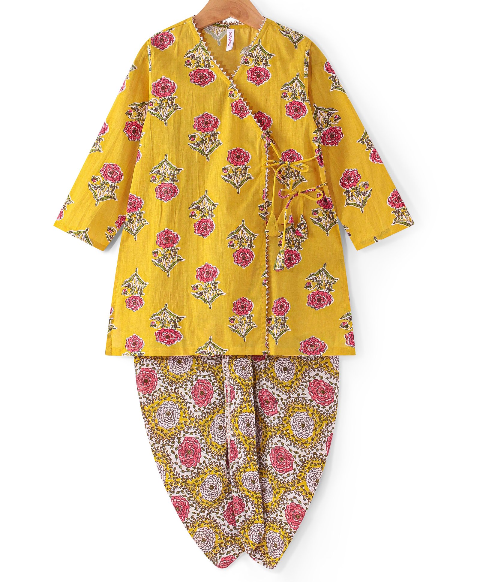 Babyhug Cotton Full Length  Angarakha Dhoti Kurta Set Floral Print - Yellow-image-46