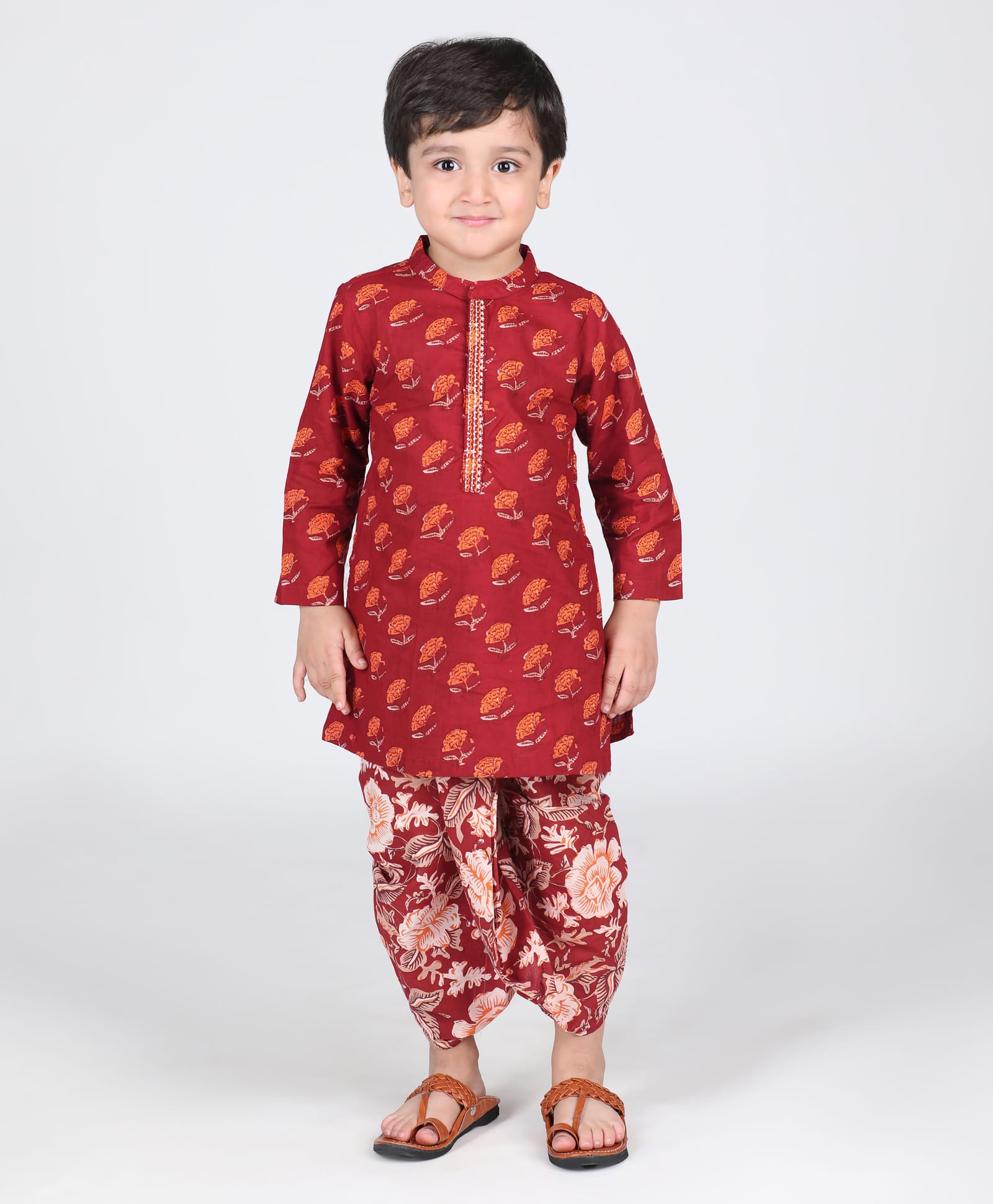 Babyhug Cotton Woven Full Sleeves Kurta & Dhoti Set with Floral Print - Maroon-image-47