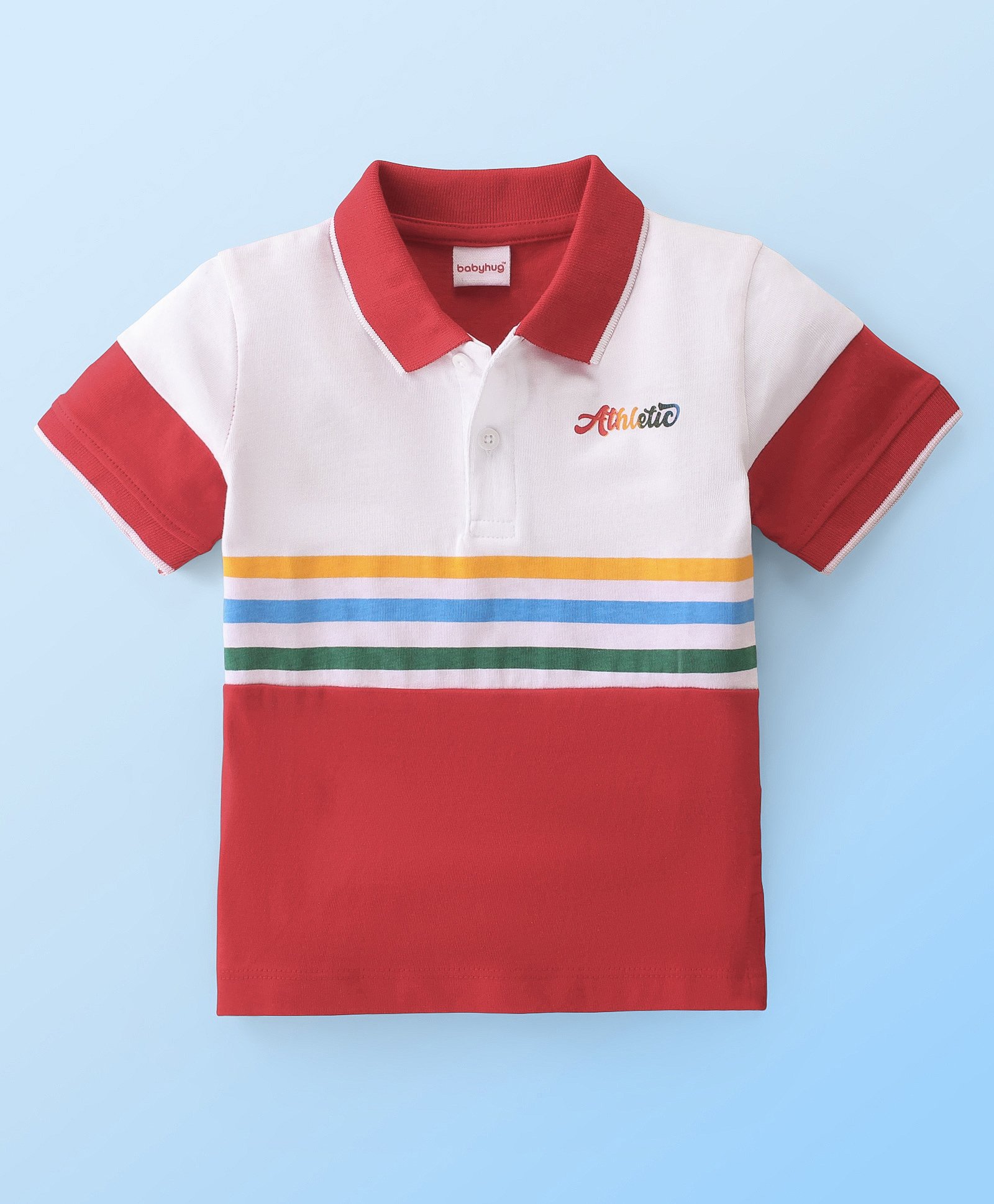 Babyhug Cotton Knit Half Sleeves Striped  Polo T-Shirt with Text  Print - White & Red-image-3