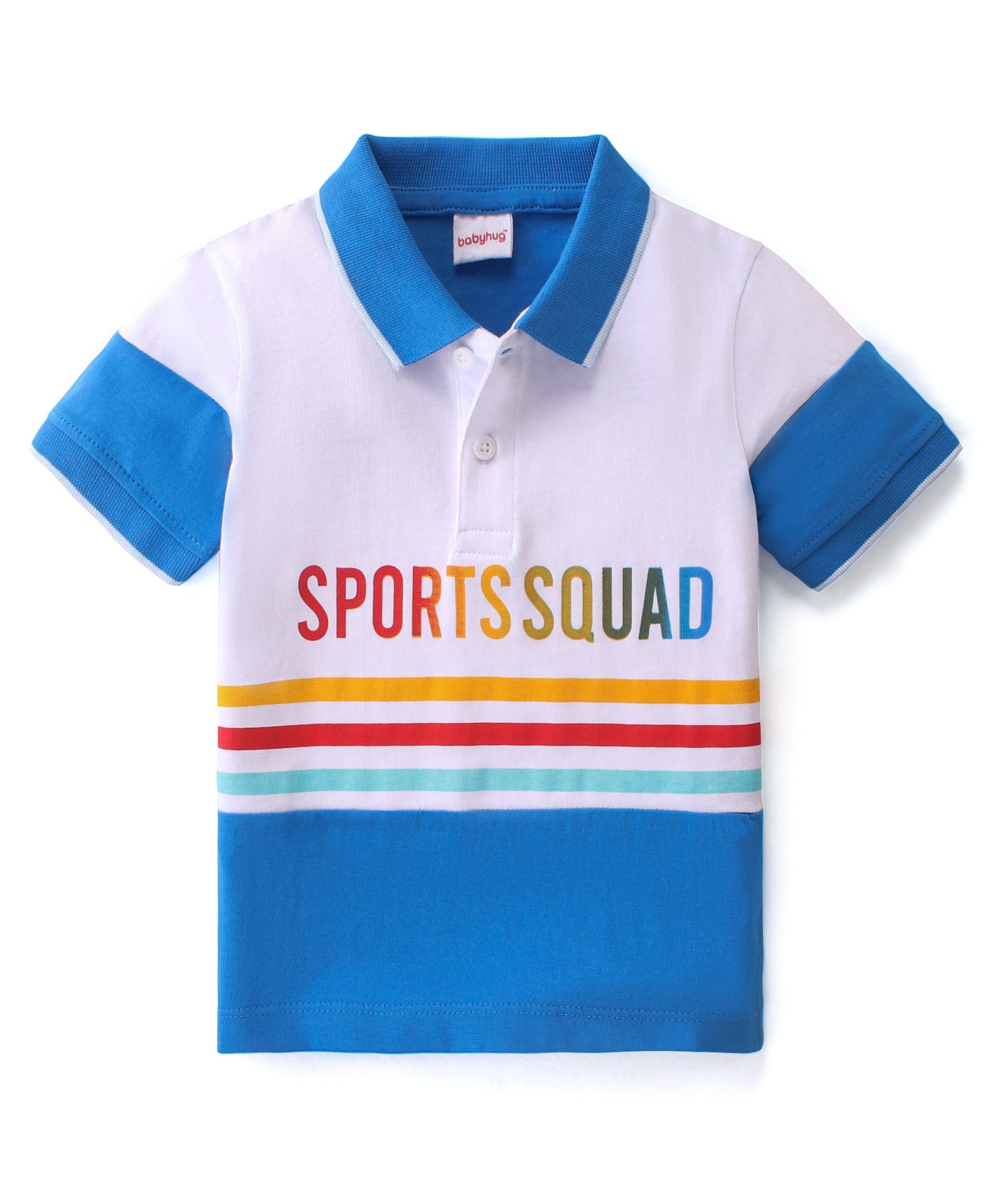 Babyhug Cotton Knit Half Sleeves Cut & Sew with Text Graphics Polo T-Shirt - White & Blue-picture-21