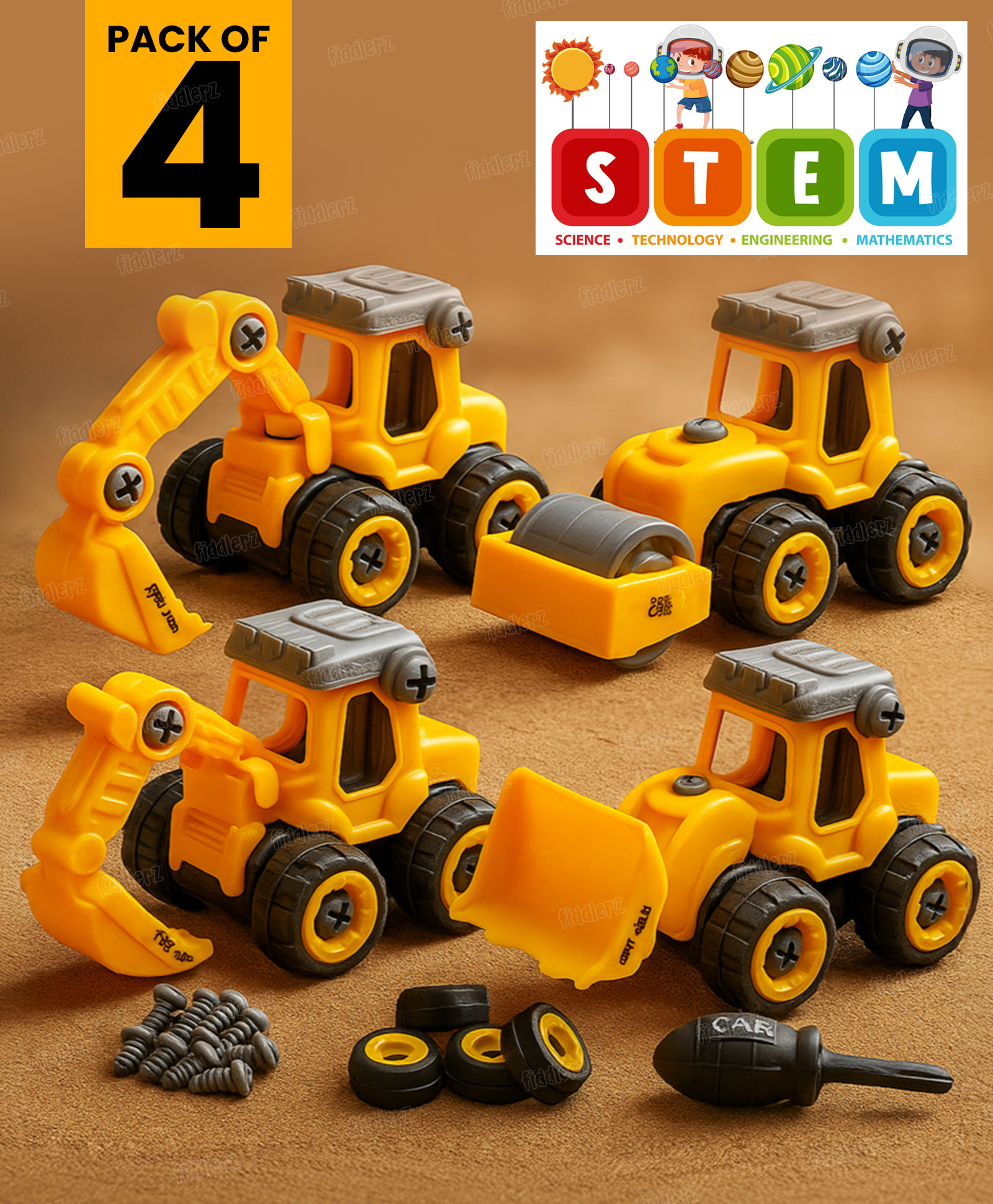Fiddlerz Construction Truck Toy For Kids SET OF 4 Take Apart Vehicles with Screwdriver Diy Building Playset Toy(Yellow)-picture-11