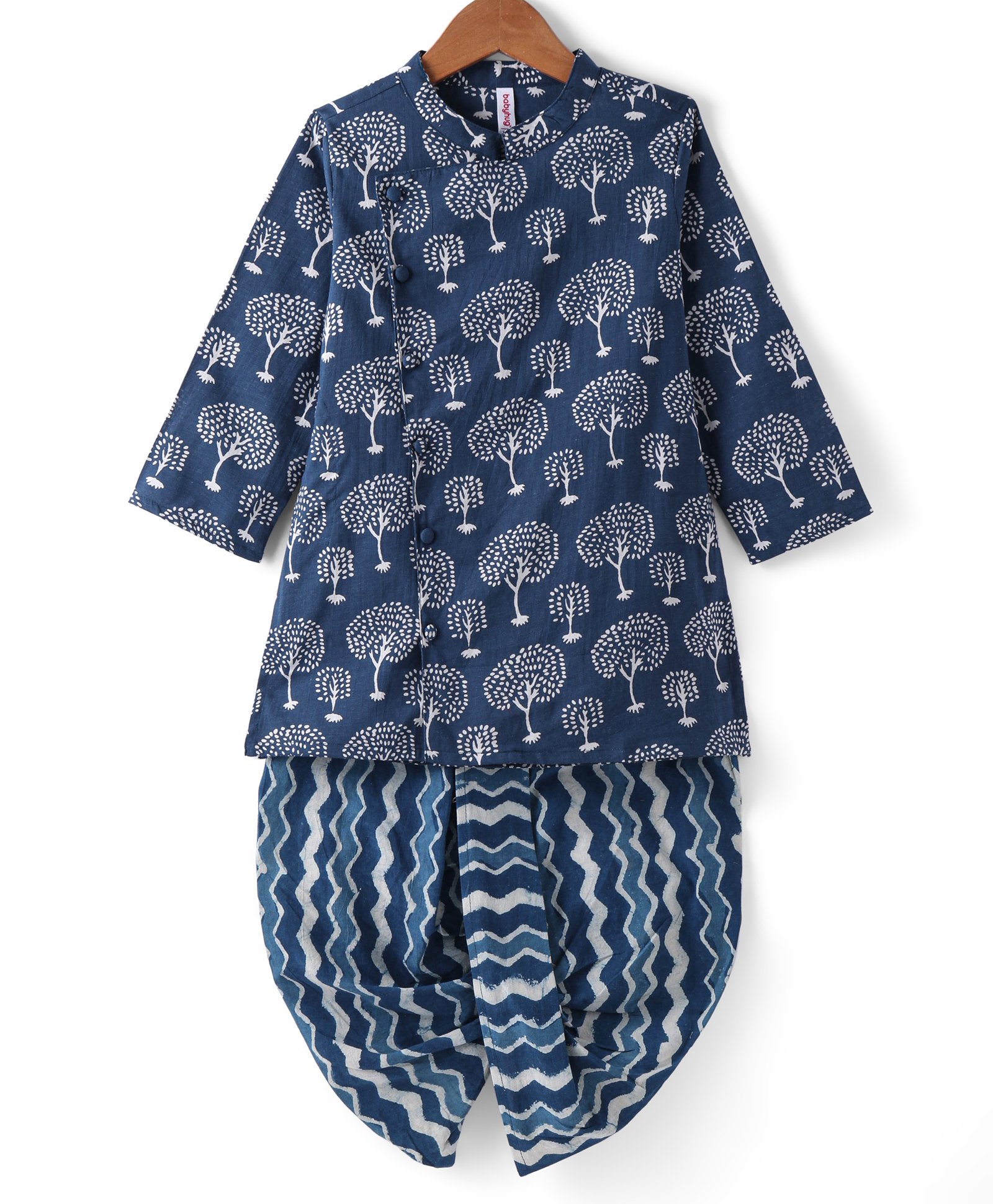 Babyhug Cotton Woven Full Sleeves Kurta & Leheriya Dhoti Set Trees Print - Indigo-picture-23