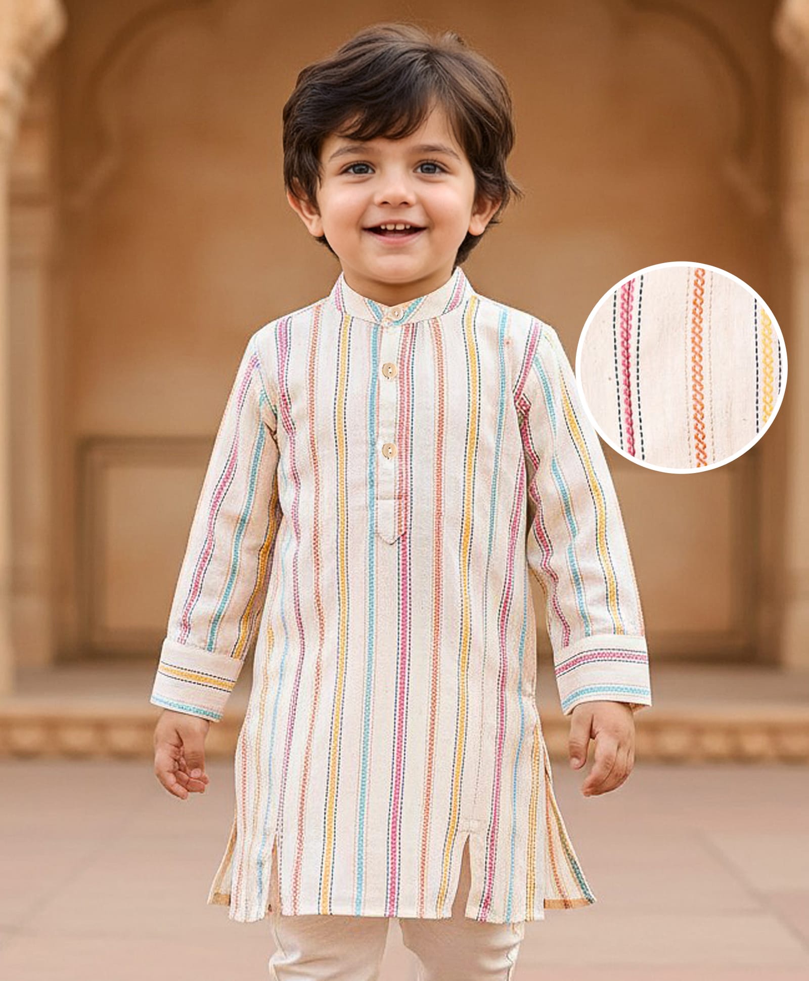 Babyhug Cotton Woven Full Sleeves Embroidered Kurta- Cream Red & Green-image-44