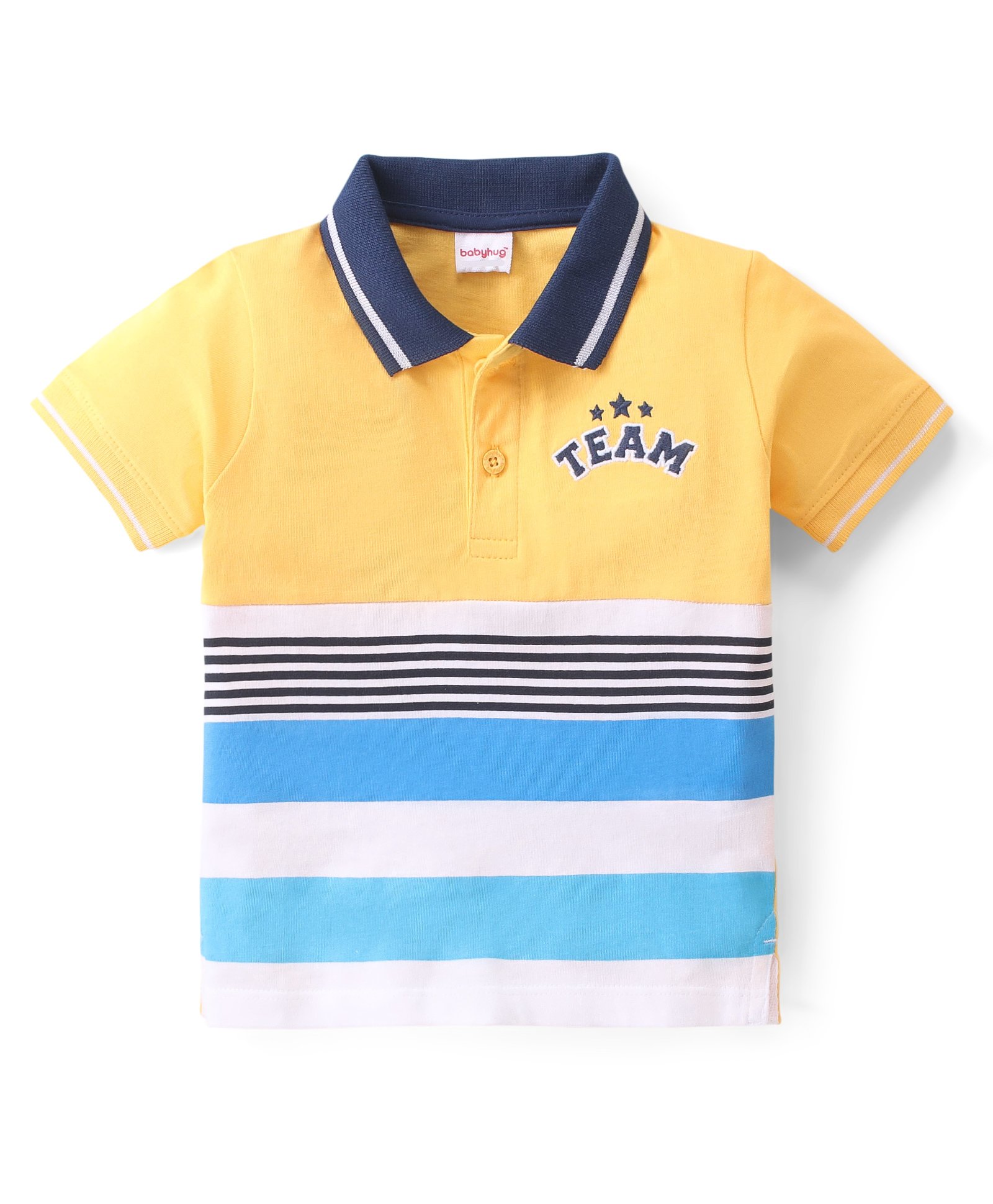 Babyhug Cotton Knit Half Sleeves Striped & Text Embroidered Polo T-Shirt - Yellow & White-image-4