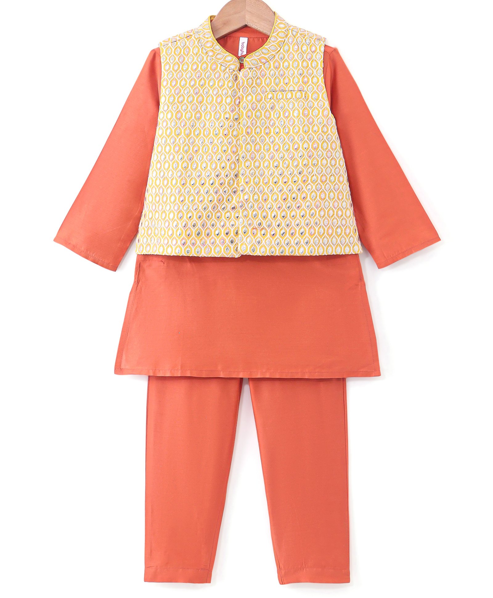 Babyhug Woven Full Sleeves Solid Kurta Pyjama Set With Mirror Embroided Jacket  -Orange-picture-24
