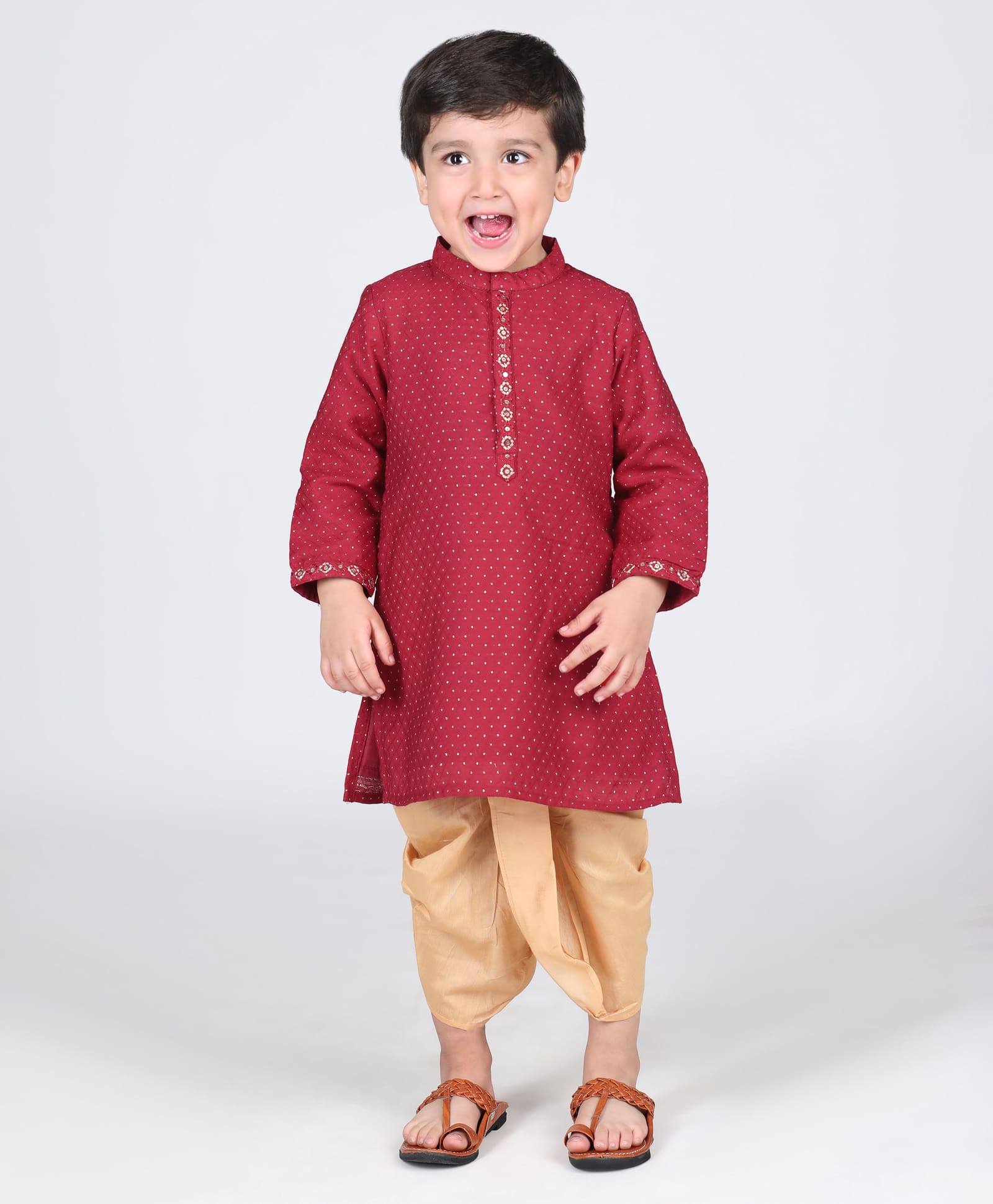 Babyhug Woven Swiss Dot Dobby Full Sleeves Kurta  Dhoti Set - Red-picture-23