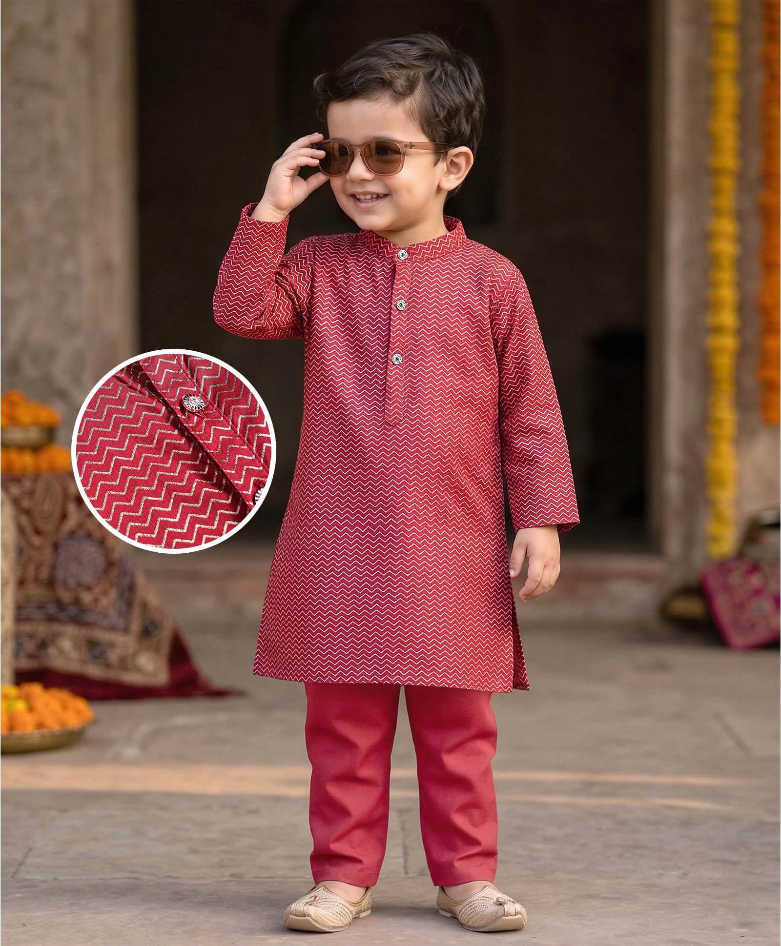 Babyhug Full Sleeves Foil Printed Kurta Pyjama Set -Maroon-image-48