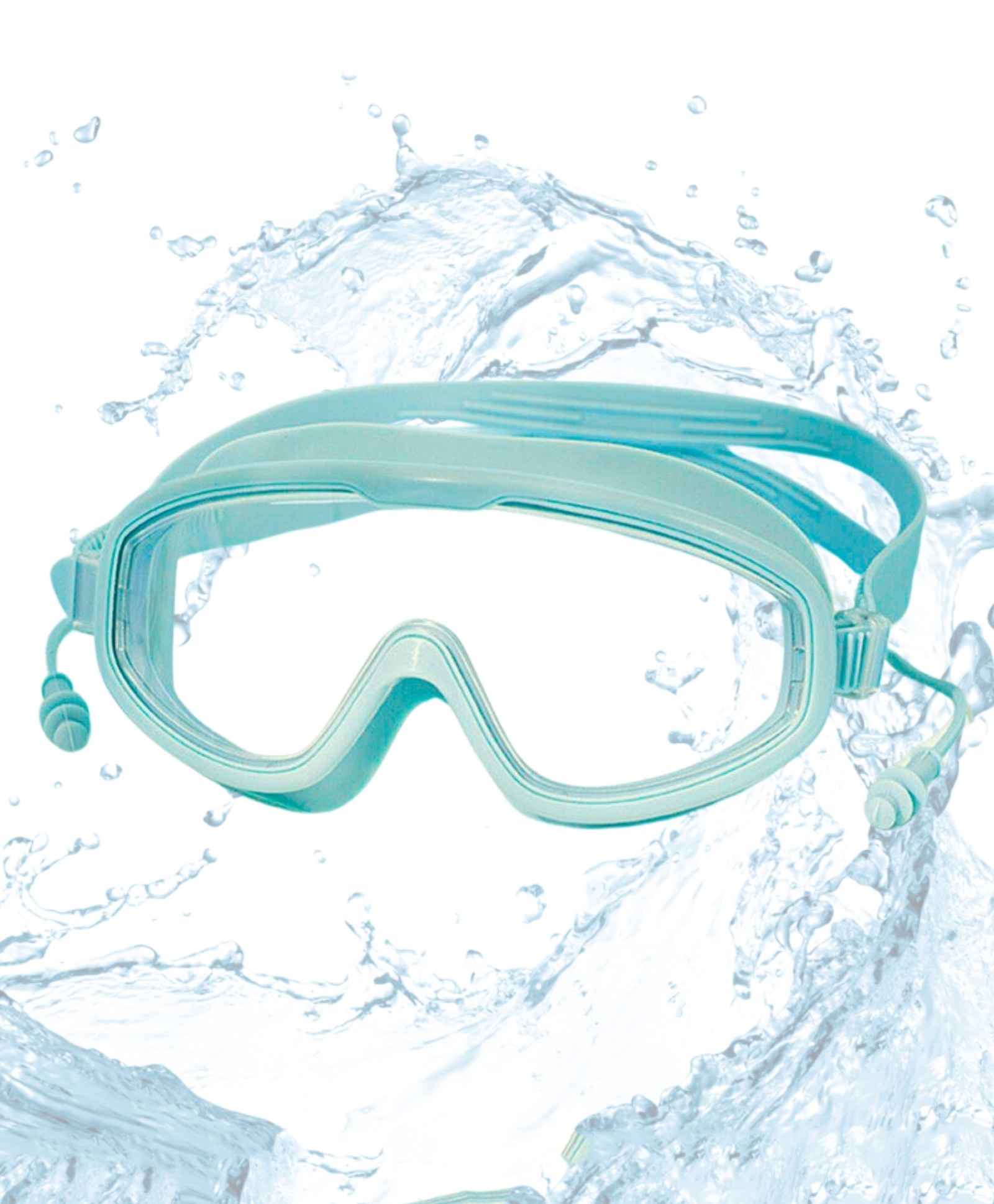KARBD Swimming Goggles Large Frame Wide View Big Glasses with Connected Ear Plugs - Aqua Green White-image-14