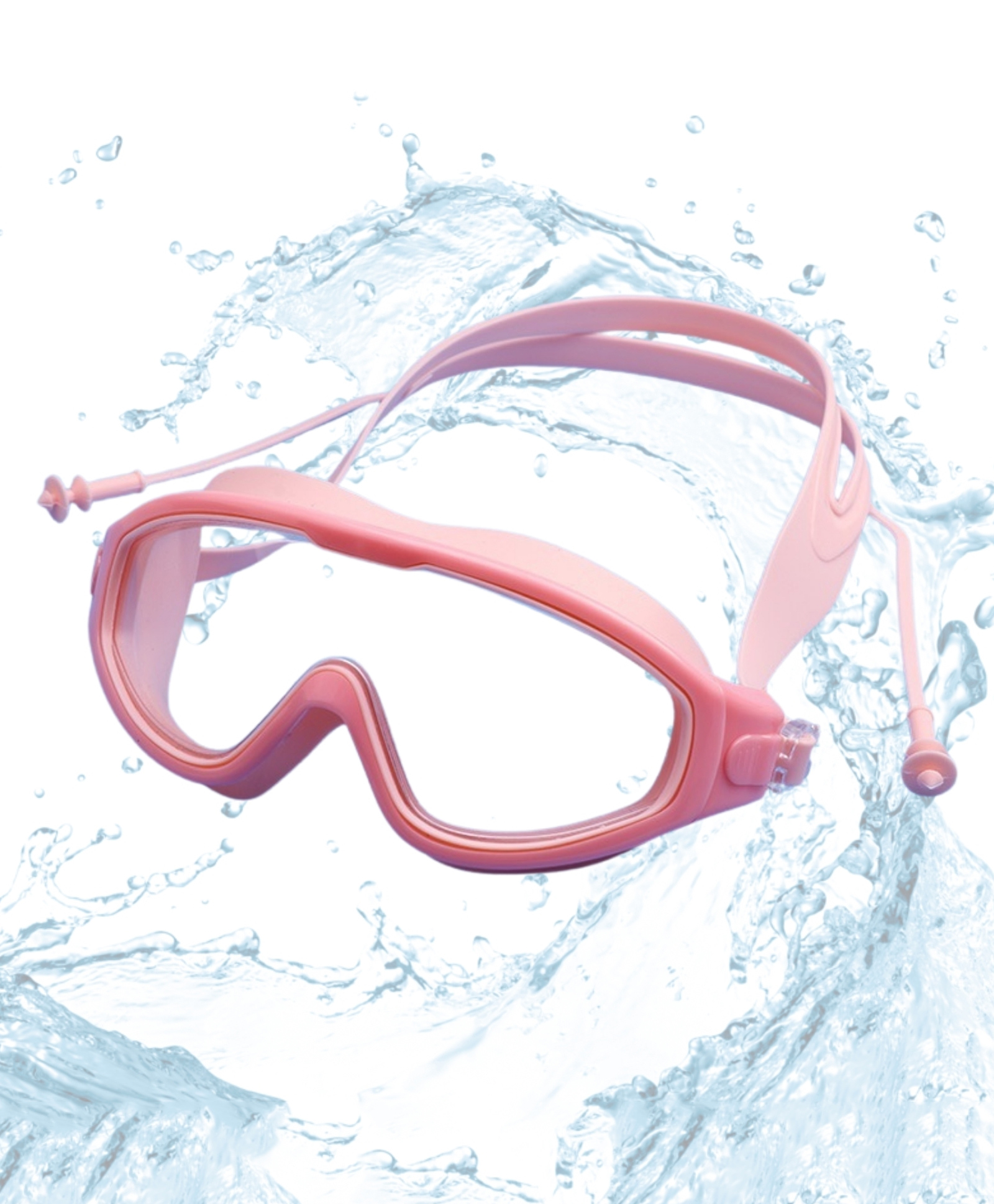 KARBD Swimming Goggles Large Frame Wide View Big Glasses with Connected Ear Plugs - Pink-image-18