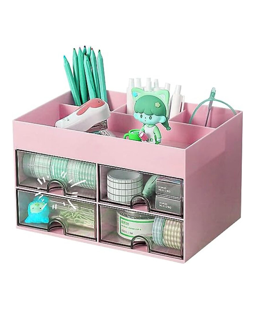 House of Quirk Desk Organiser with Drawer  Multifunctional Desk Organizer  Office Organizer  4 Plastic Compartments with Drawer  Storage Shelf for Office  School  Pink-image-25
