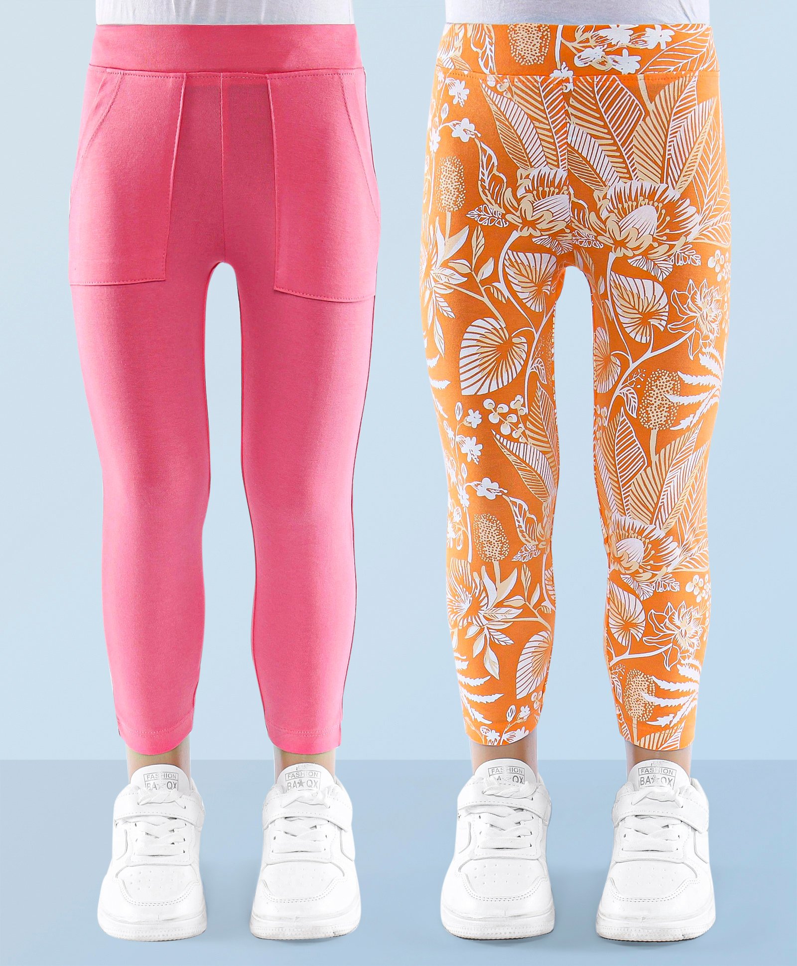 Honeyhap Premium Cotton Elastane Single Jersey Full Length Leggings with Bio Finish Solid Colour & Floral Print Pack of 2 - Pink & Orange-picture-32