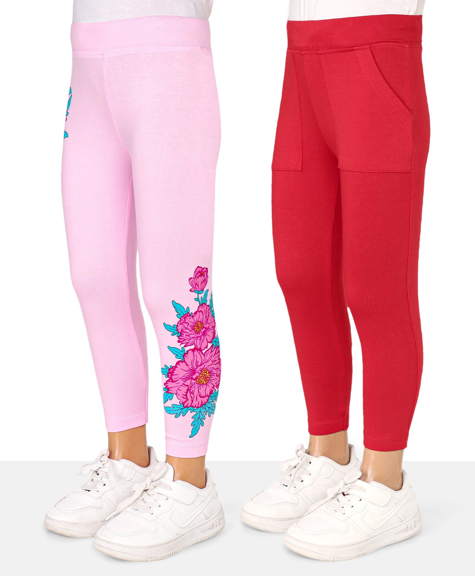 Honeyhap Premium Cotton Elastane Single Jersey Knit Full Length Leggings with Floral Print Pack of 2 - Red & Pink-picture-35