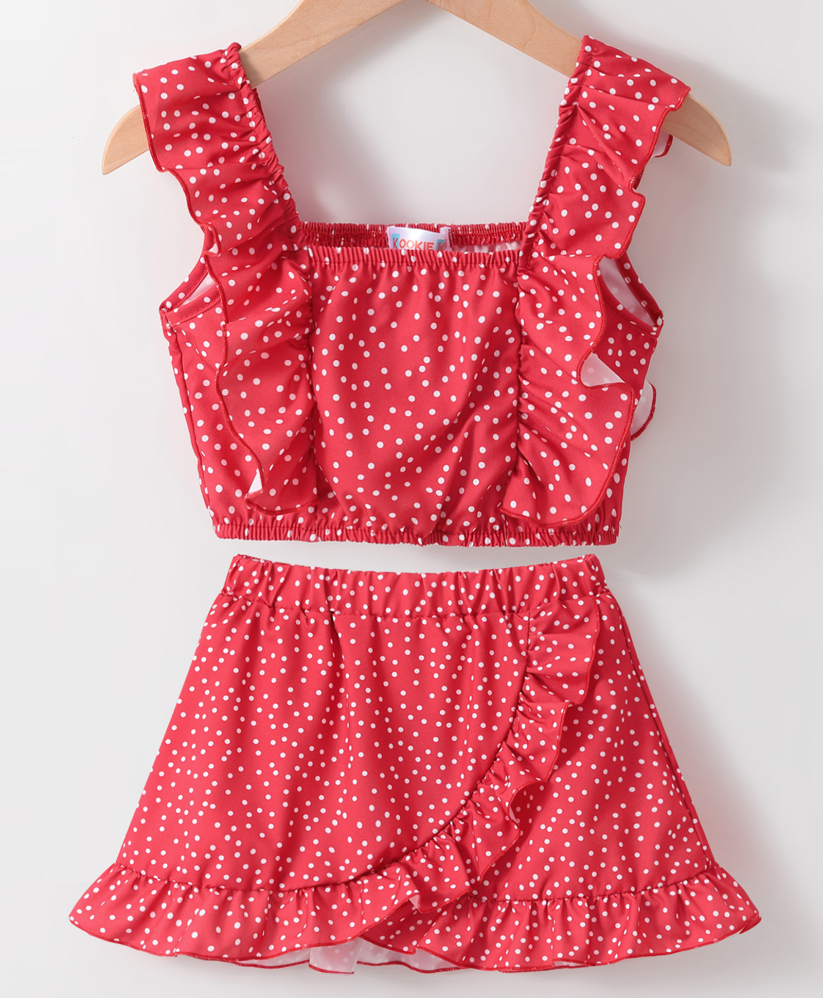 Kookie Kids Sleeveless Top & Skirt Set with Frill Detailing & Polka Dot Print - Red-picture-16