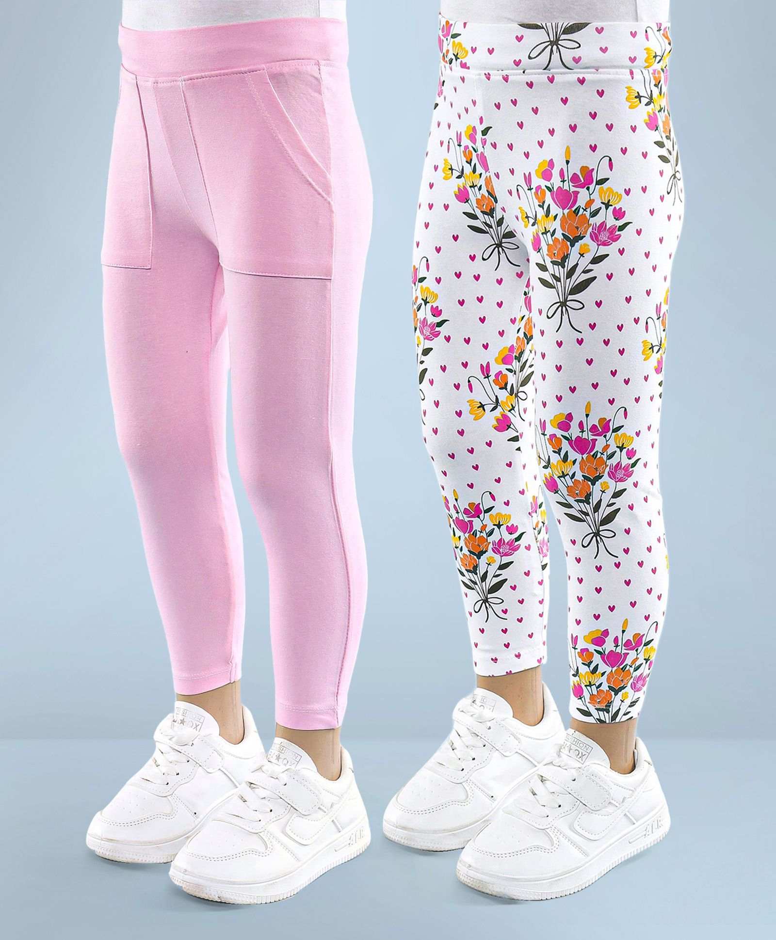 Honeyhap Premium Cotton Elastane Single Jersey Full Length Leggings with Bio Finish Floral & Heart Print Pack of 2 - Pink & White-picture-12