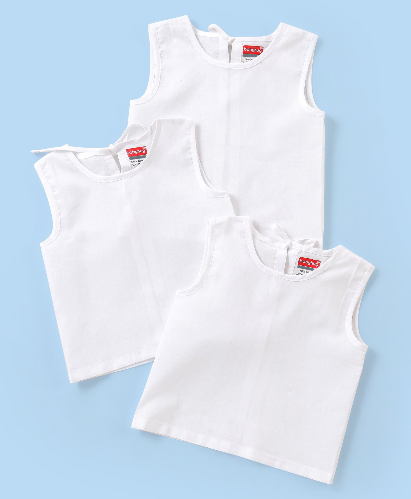 Babyhug 100% Cotton Poplin Sleeveless Back Tie Knot Jhabla Solid Colour Pack of 3- White-image-28