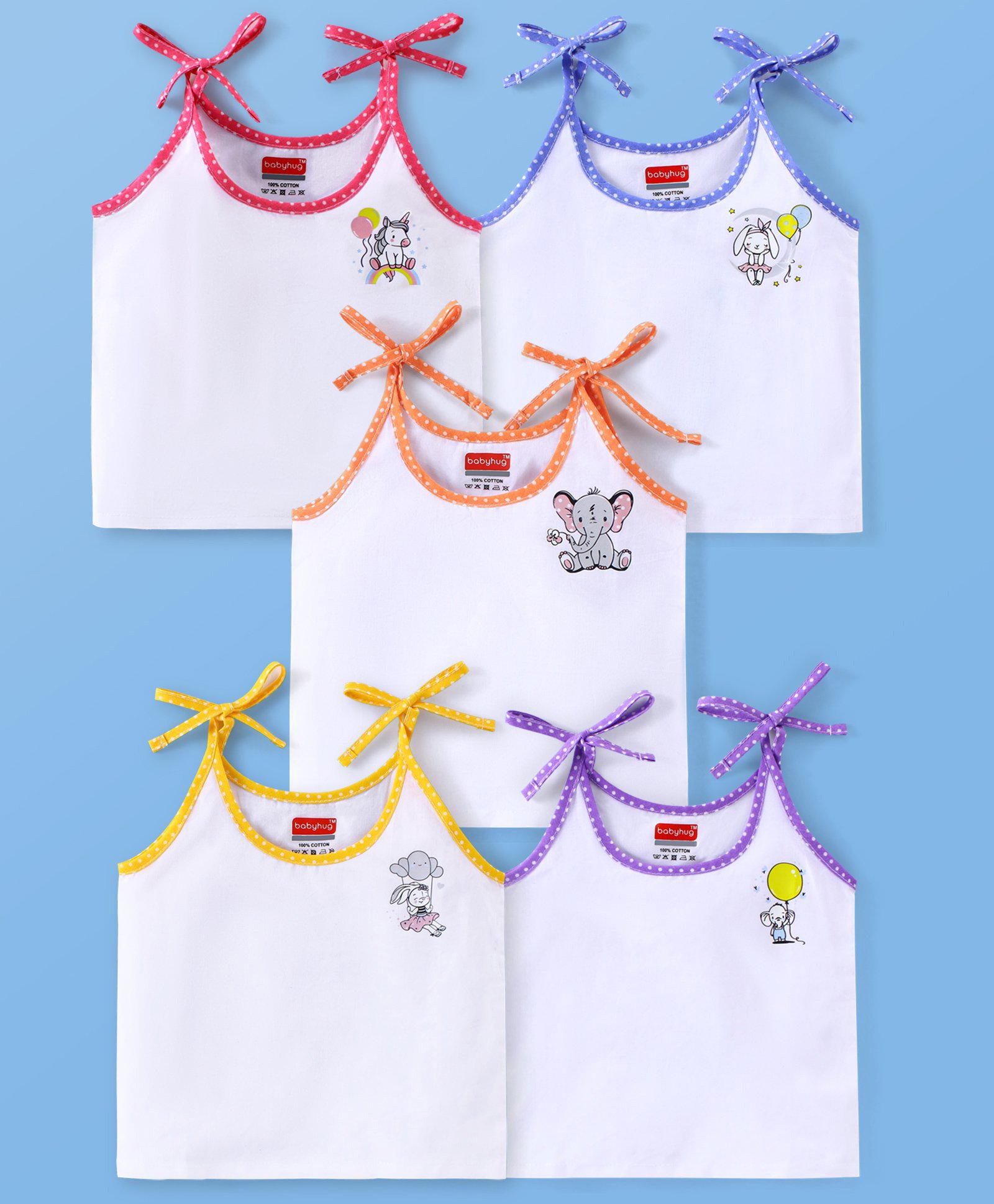 Babyhug 100% Cotton Woven Sleeveless Tie Knot Vest Elephant Print Pack of 5 - Pink Yellow Blue-image-48