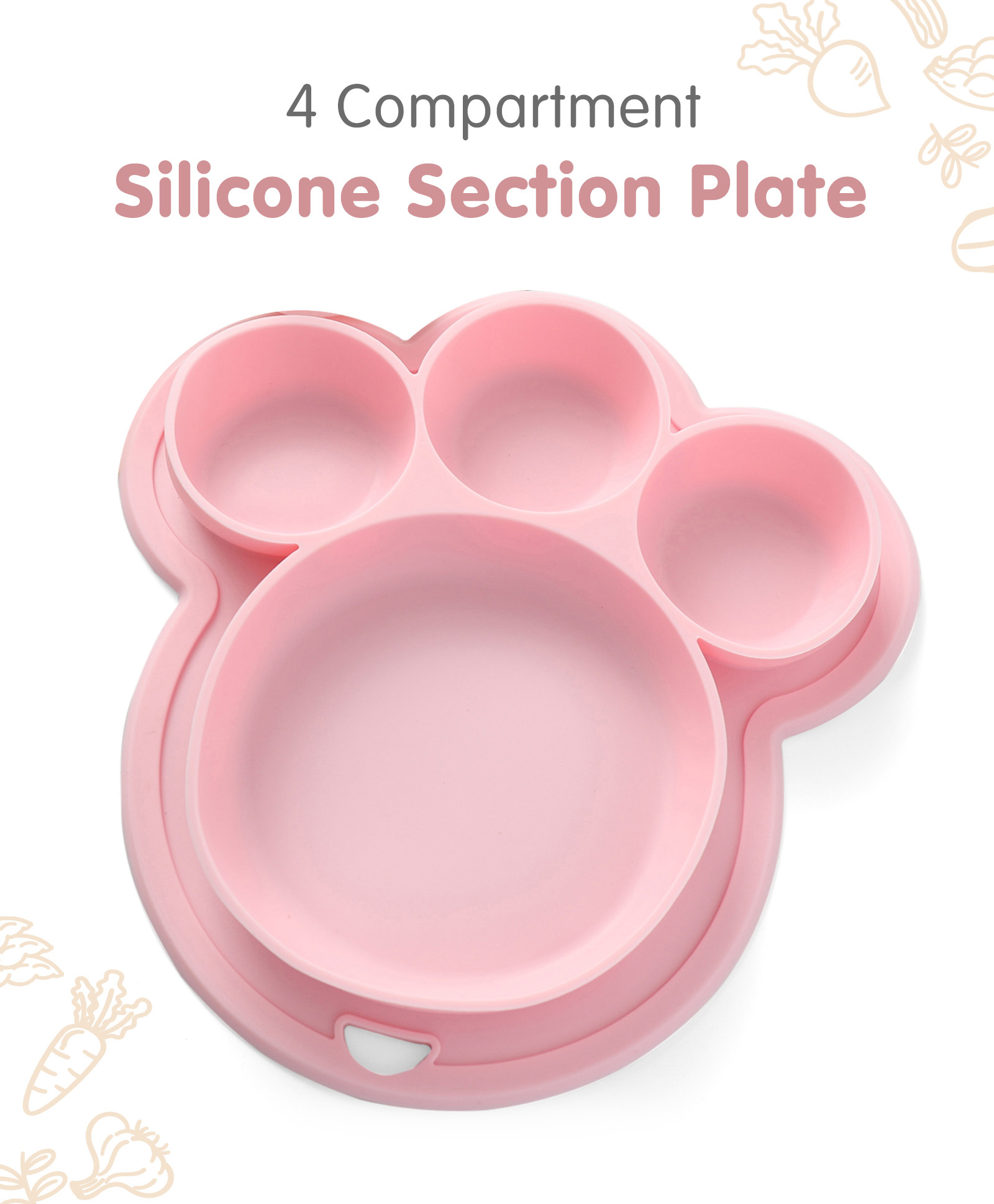Silicone Suction 4 Compartment Section Plate With Attached Placemat 100% Silicone Baby Dish - Light Pink-image-4