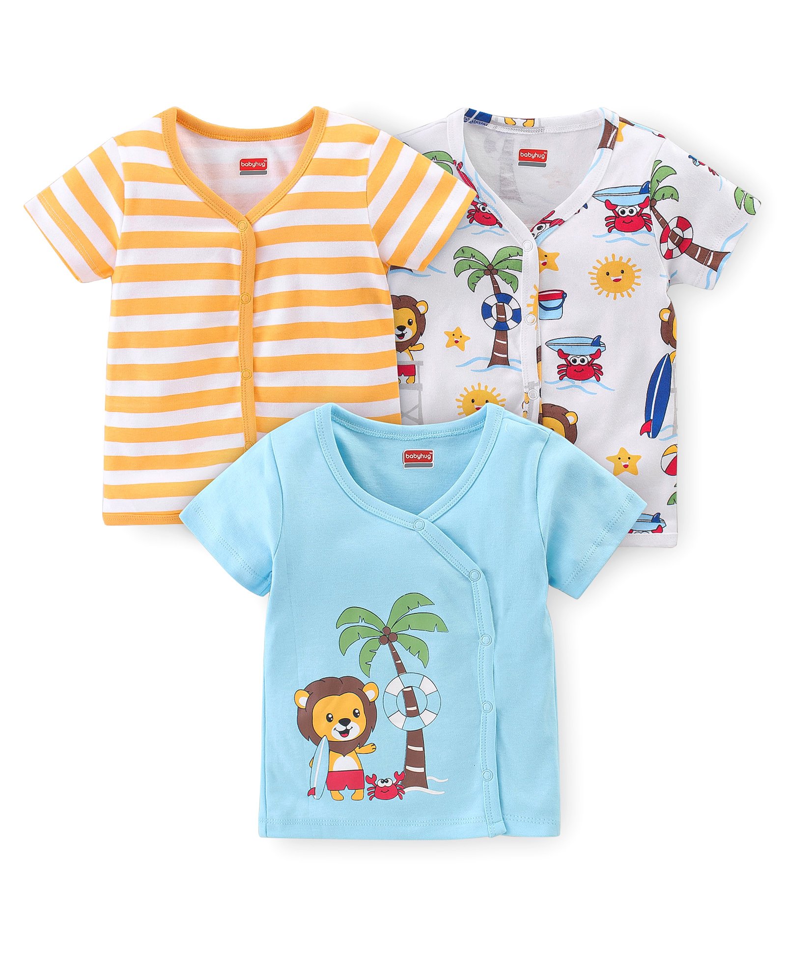 Babyhug 100% Cotton Half Sleeves Front Open Striped Vests Pack of 3 - Multicolor-image-36