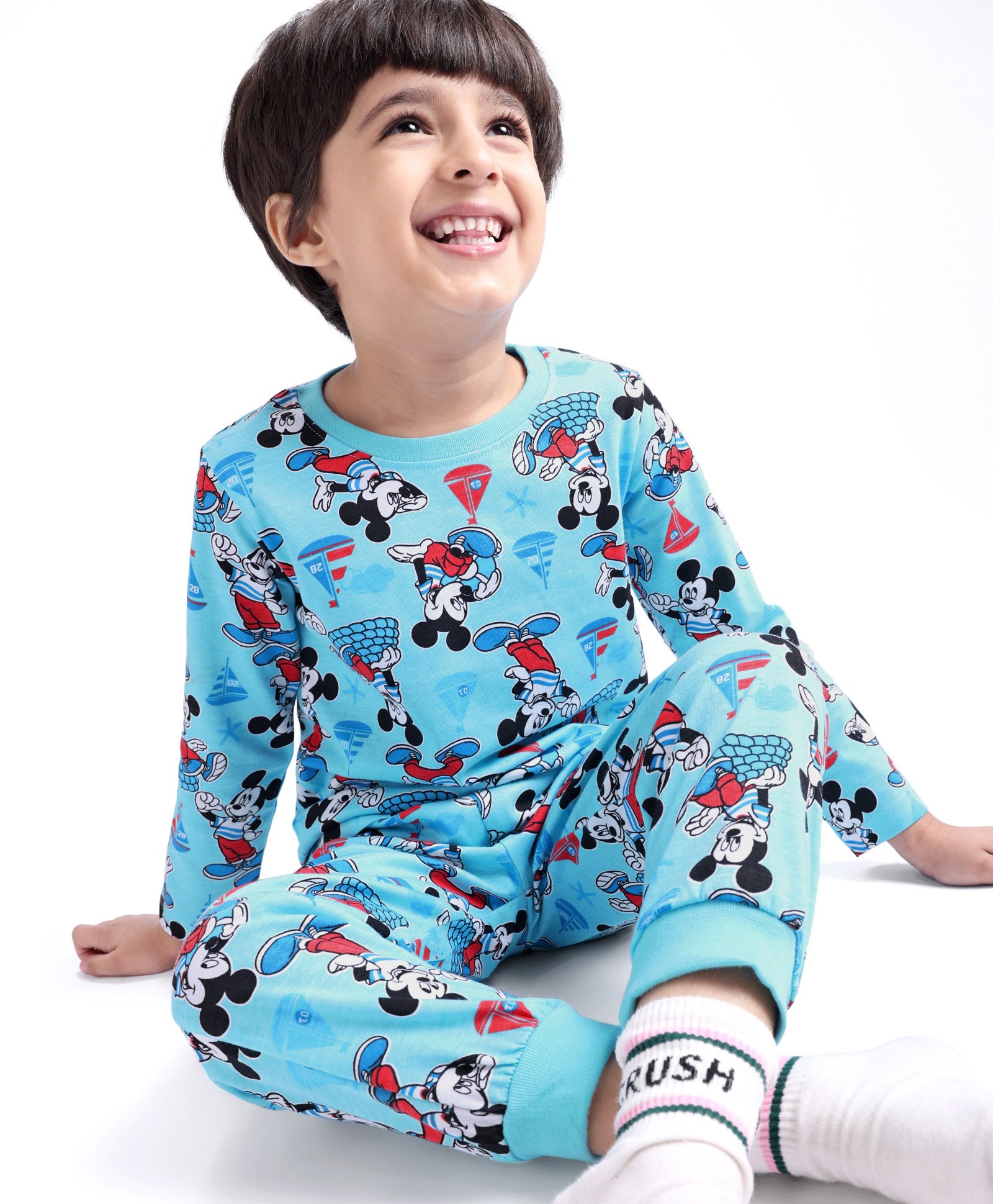 Babyhug Disney Cotton Knit Single Jersey Night Suit With Mickey Mouse Print - Navy Blue-image-35