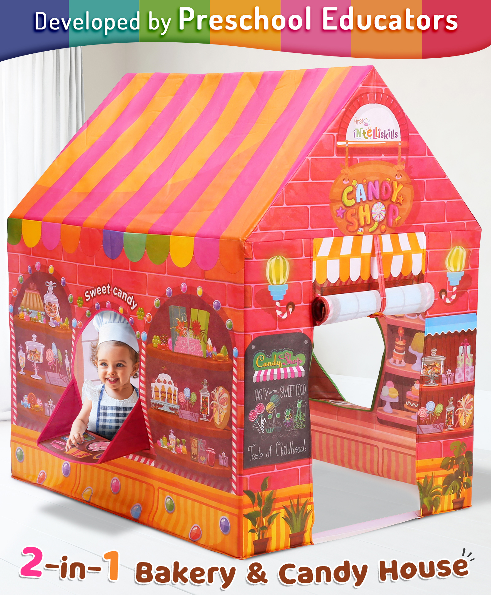 Intelliskills 2-in-1 Bakery & Candy House Themed Foldable Hut Size Tent House for Kids | Indoor & Outdoor Play | Printed Portable Playhouse for Boys & Girls | Play Tent for Kids | Ideal for Gifting | Lightweight | Multicoloured | BIS Approved