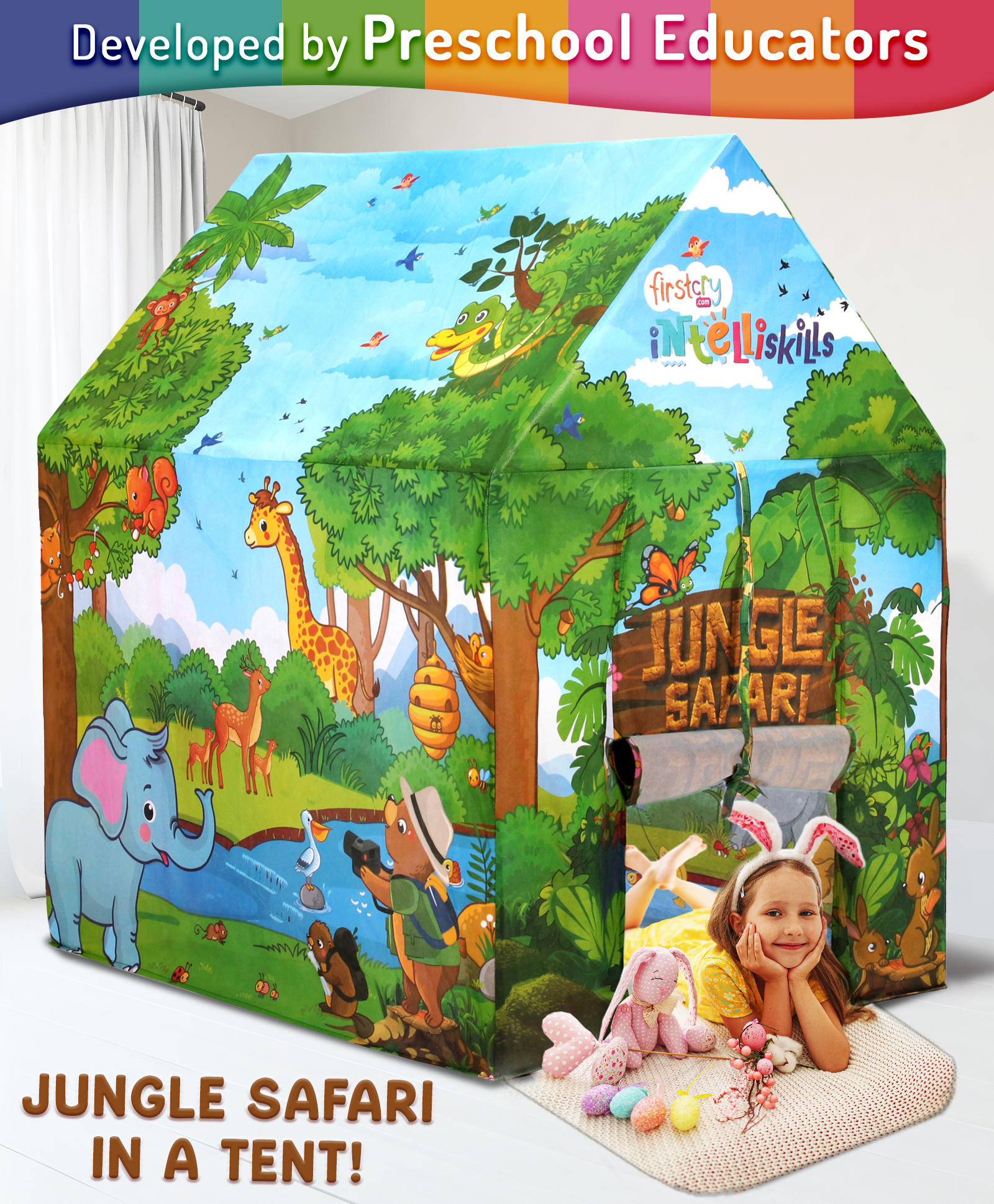 Intelliskills Jungle Safari Foldable Tent Playhouse for Indoor & Outdoor Play - Multicolour