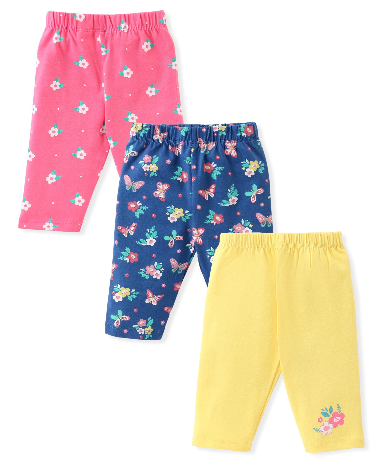 Babyhug Cotton Lycra Three Fourth Leggings Floral & Butterfly Print Pack of 3 - Multicolor-picture-20