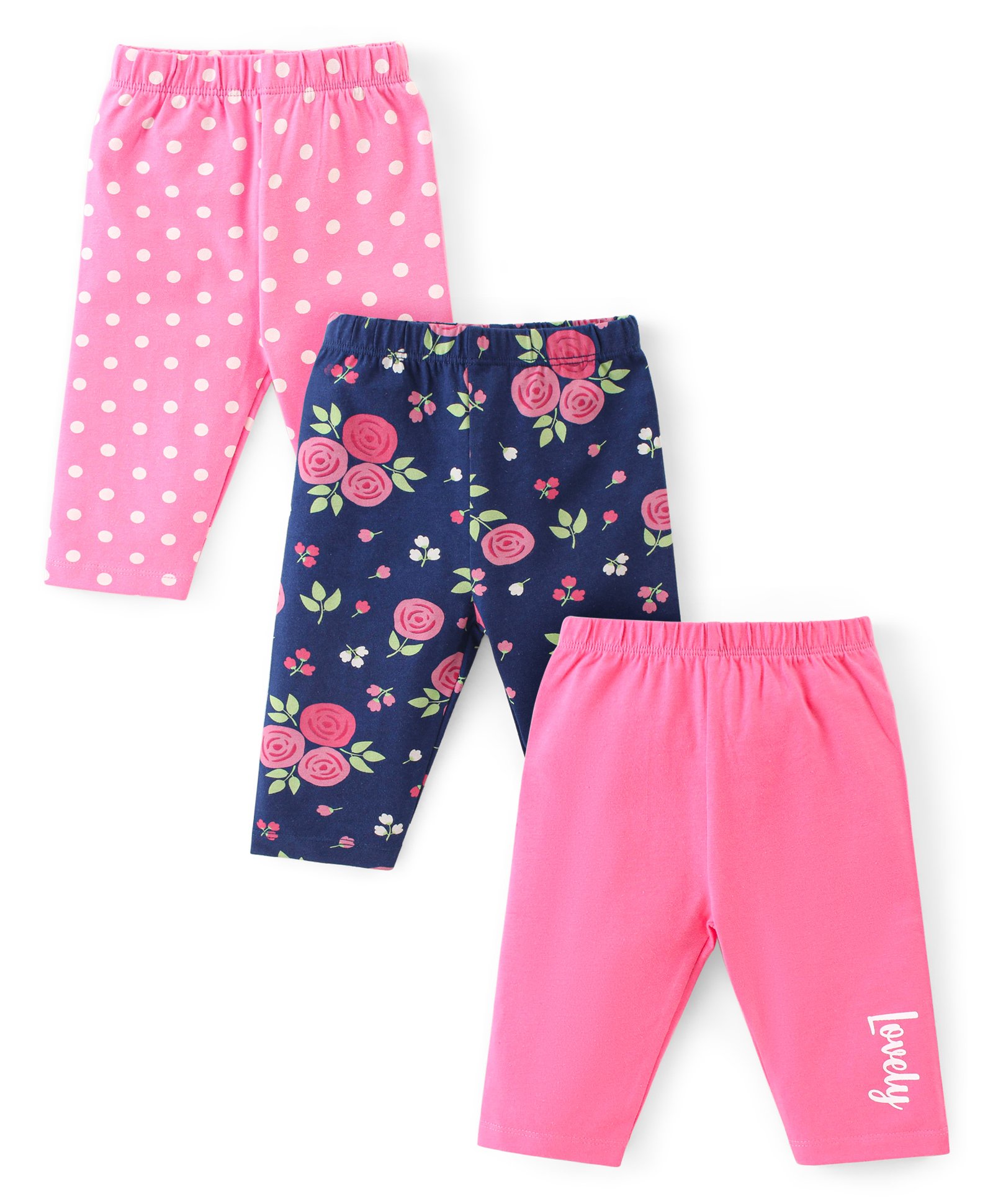 Babyhug Cotton Lycra Knit Three Fourth Leggings Polka Dot & Floral Print Pack of 3 - Multicolour-image-42