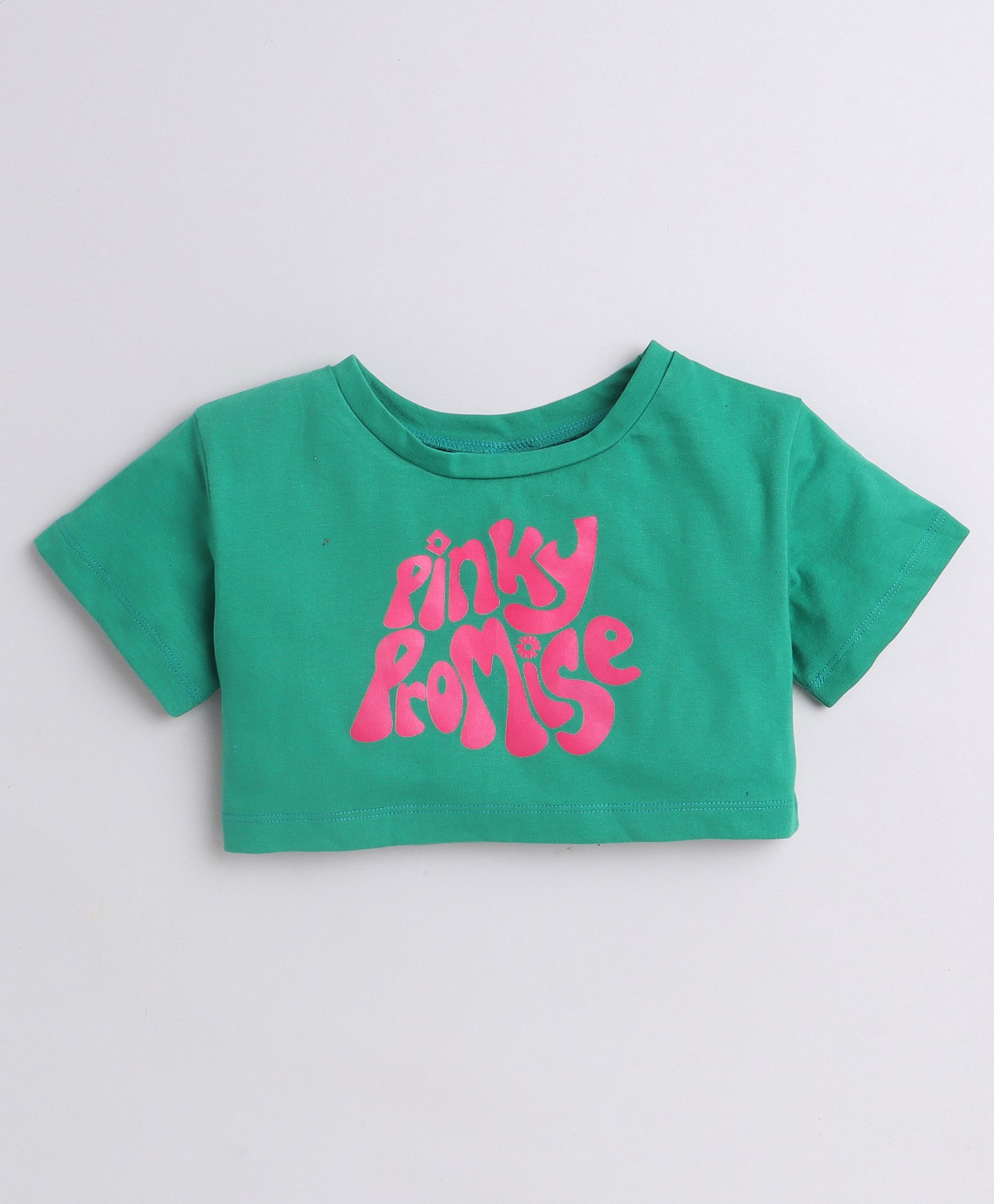 Aww Hunnie Cotton Jersey Half Sleeves  Pinky Promise Text Printed Crop Top - Green-picture-12