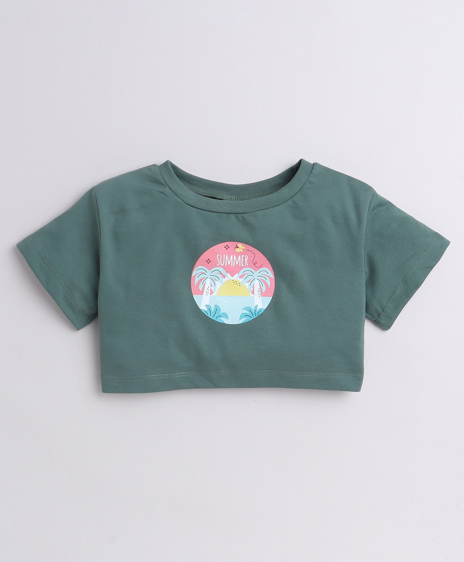 Aww Hunnie Cotton Jersey Half Sleeves Sun & Trees Printed Crop Top - Green-image-8