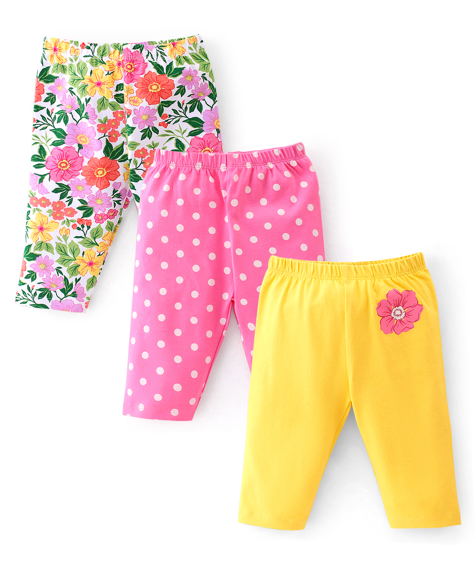 Babyhug Cotton Lycra Three Fourth Length Legging Polka Dot & Floral Print Pack Of 3 - Yellow White & Pink-picture-22