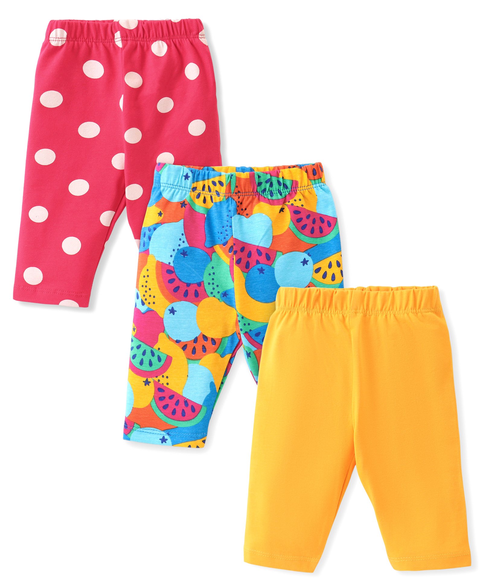Babyhug Cotton Lycra Three Fourth Leggings Polka Dot & Fruits Print Pack of 3 - Multicolor-image-20