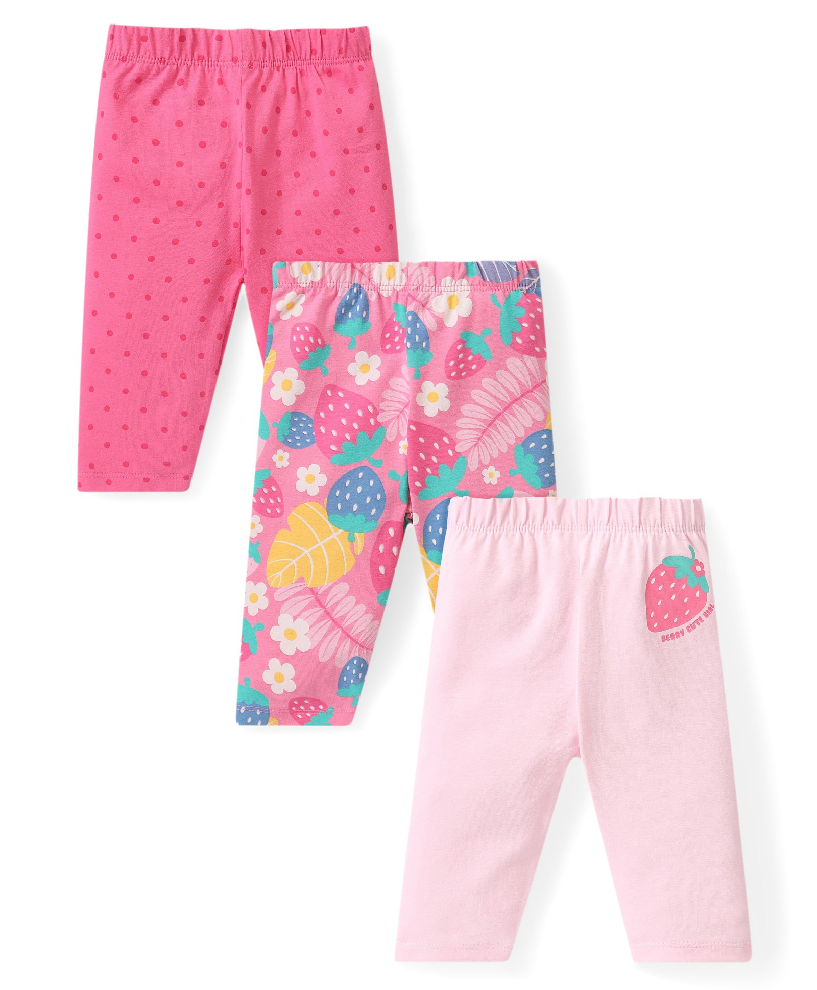 Babyhug Cotton Lycra Three Fourth Leggings Fruits & Floral Print Pack of 3 - Multicolour-picture-22