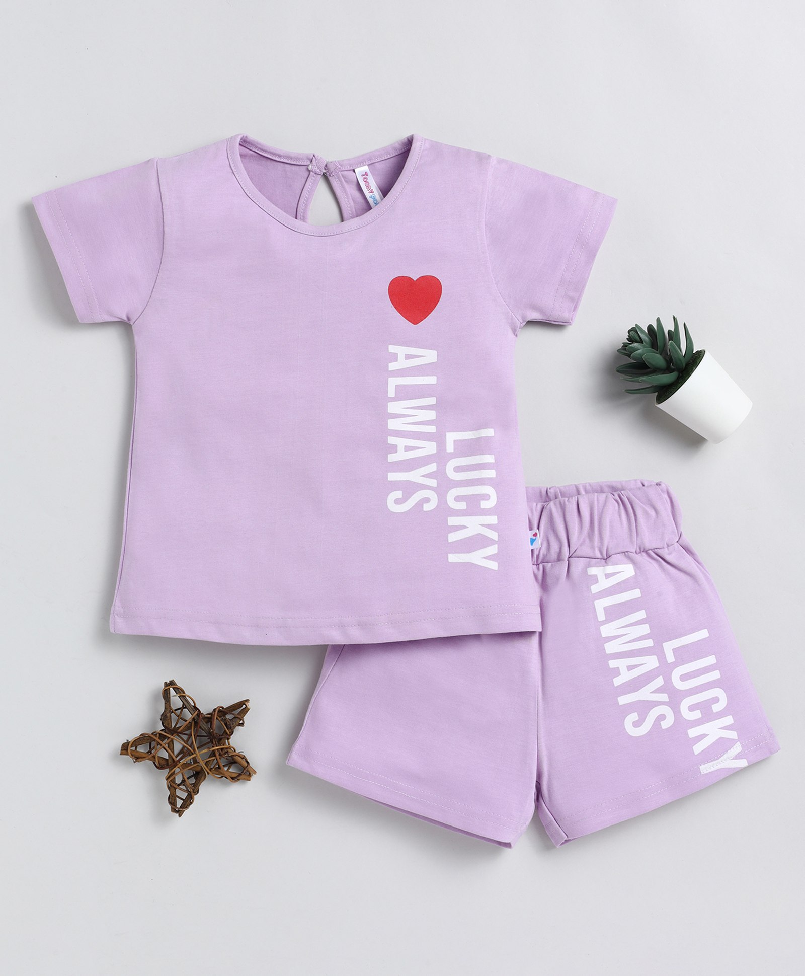 TOONYPORT Cotton Half Sleeves Always Lucky Text Printed Coordinating Tee & Shorts Set - Lavender Purple-picture-28