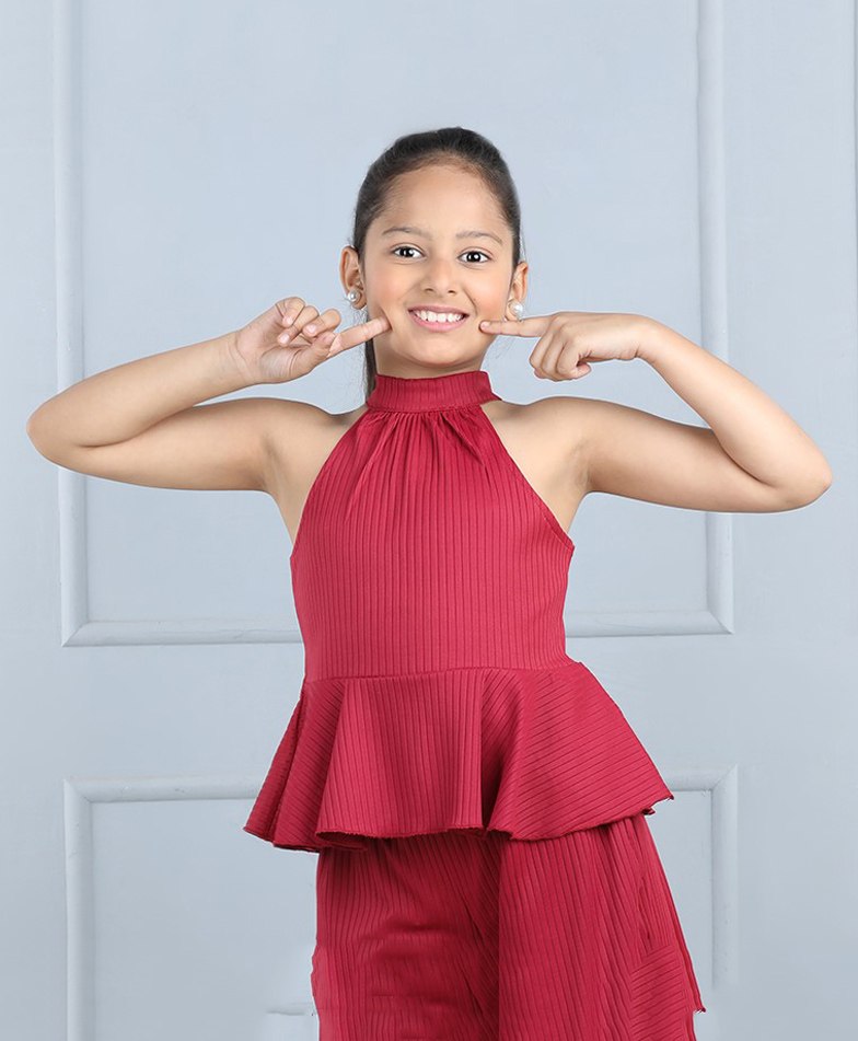 Aww Hunnie Cotton Lurex Halter Neck Ribbed Peplum Top - Maroon-picture-46