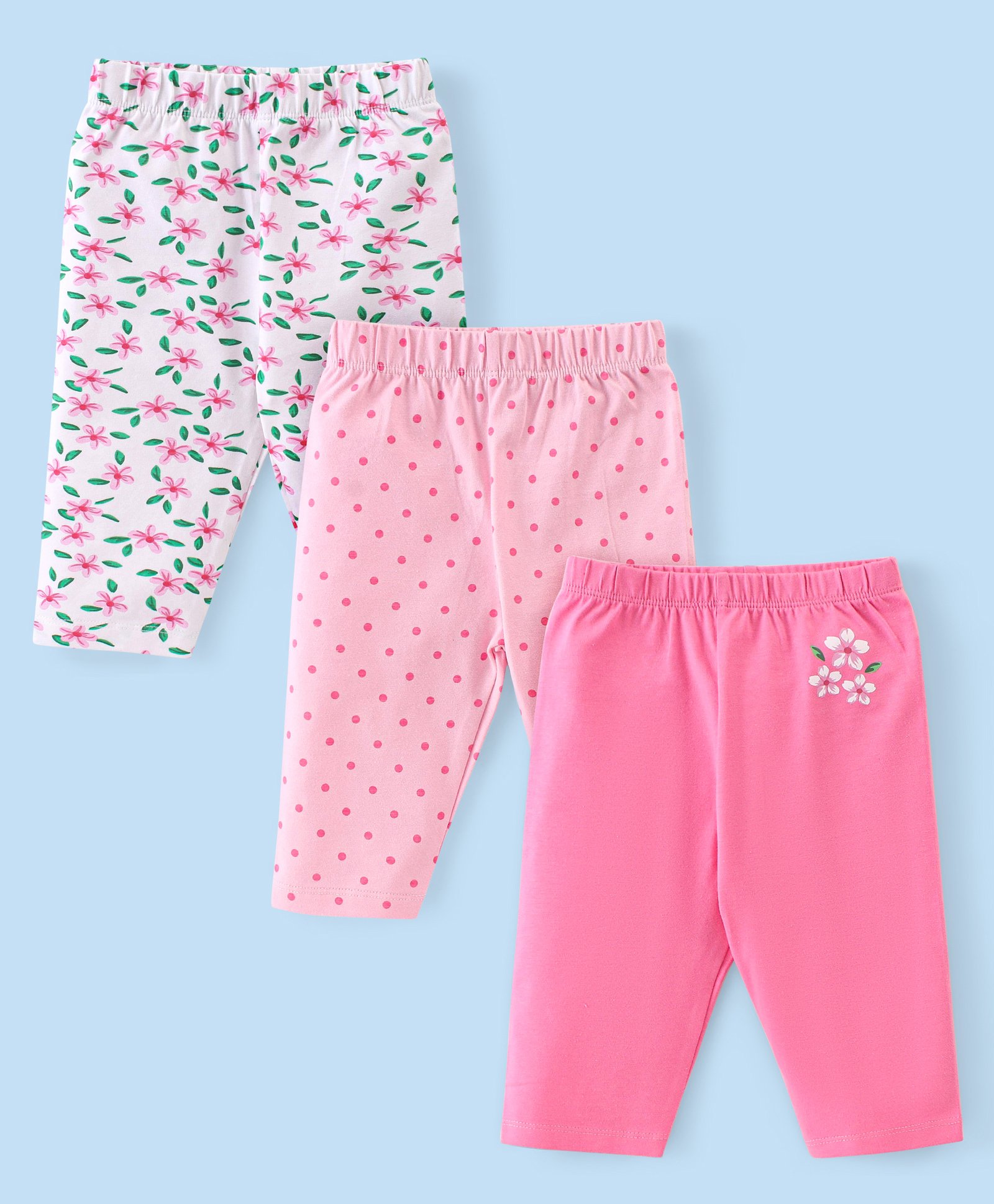 Babyhug Cotton Lycra Knit Three Fourth Length Legging Floral & Polka Dot Print Pack Of 3 - Pink & White-image-17