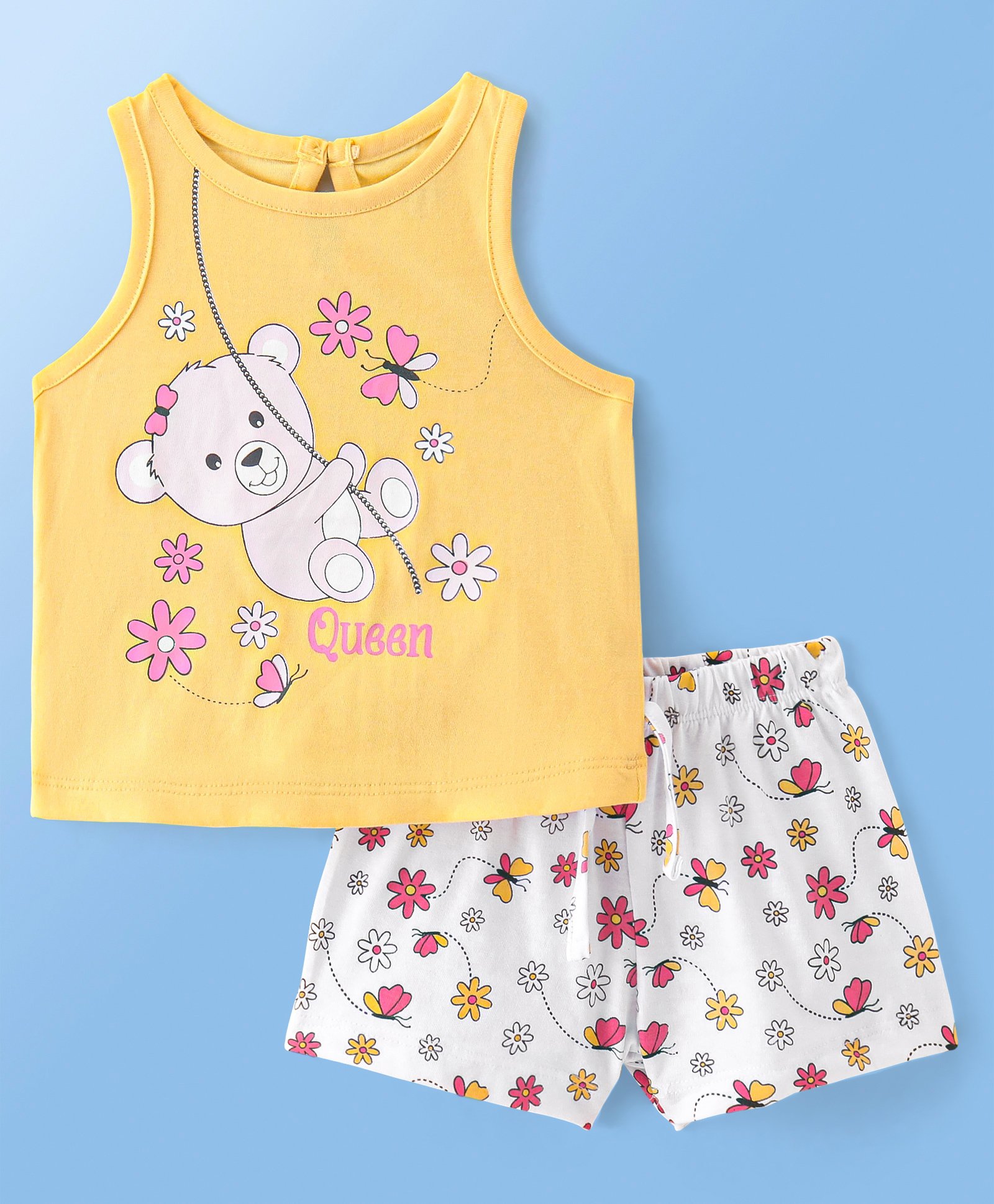 Doodle Poodle 100% Cotton Knit Sleeveless Top & Shorts Set Floral Print- Yellow & Bright White-image-3