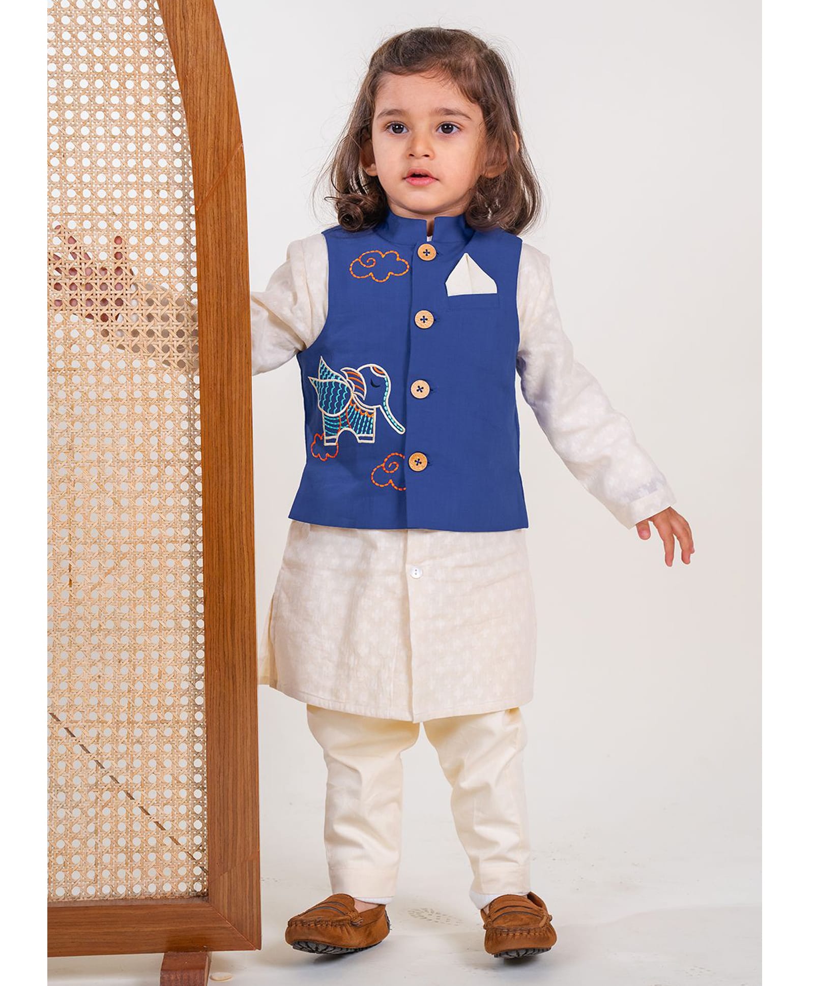 Tiber Taber Sleeveless Elephant & Clouds Embroidered Jacket - Blue-image-2