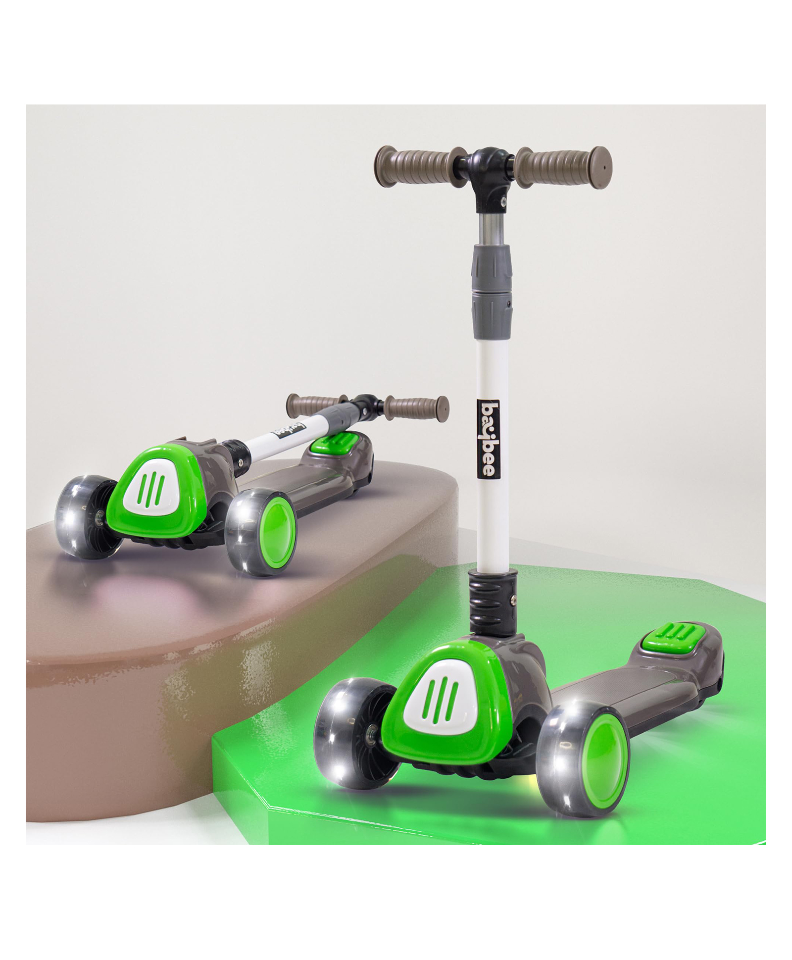 Baybee Dusty 3 Wheel Kids Kick Scooter with Foldable & Height Adjustable Handle Runner Scooter with LED PU Wheels & Music Skate Scooter (Grey/Green)-image-46