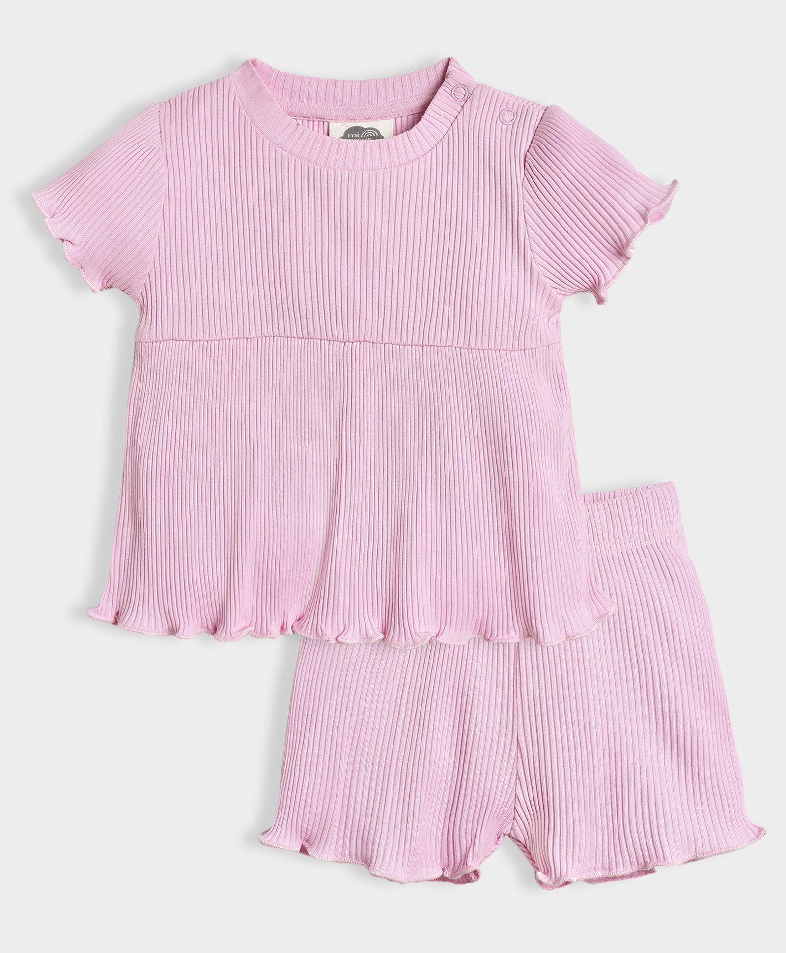 Mi Arcus  100% Cotton Half Sleeves Ribbed Pattern Top & Shorts Set - Pink-image-7